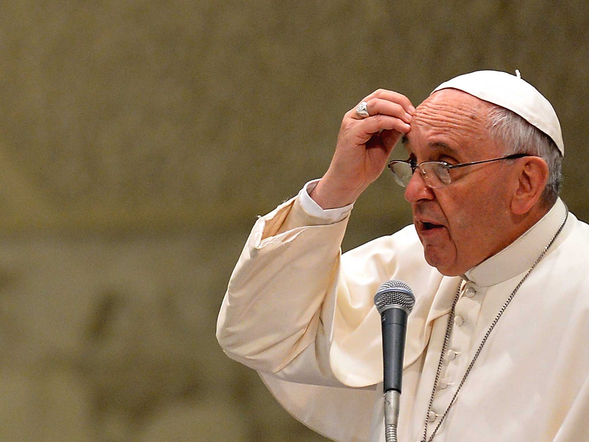 Pope Francis gestures as he speaks during an audience on 2nd May