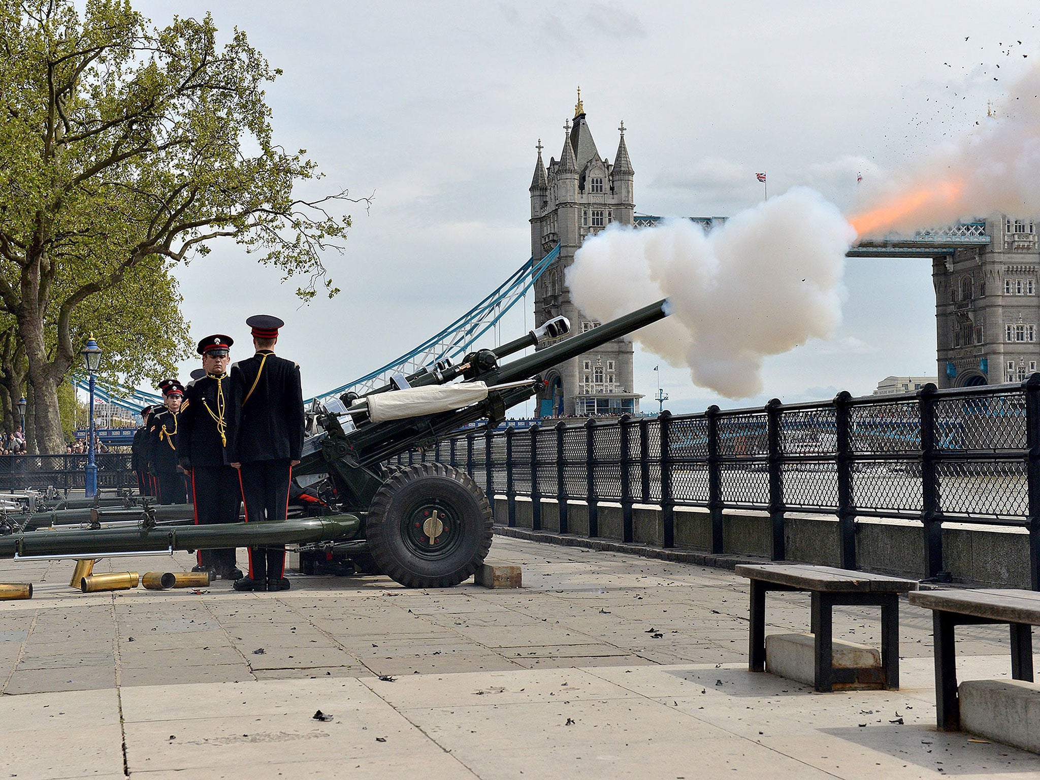 Members of the Honourable Artillery Company as they fired a 62 gun royal salute marking the birth of the Duke and Duchess of Cambridge's baby princess at the Tower of London