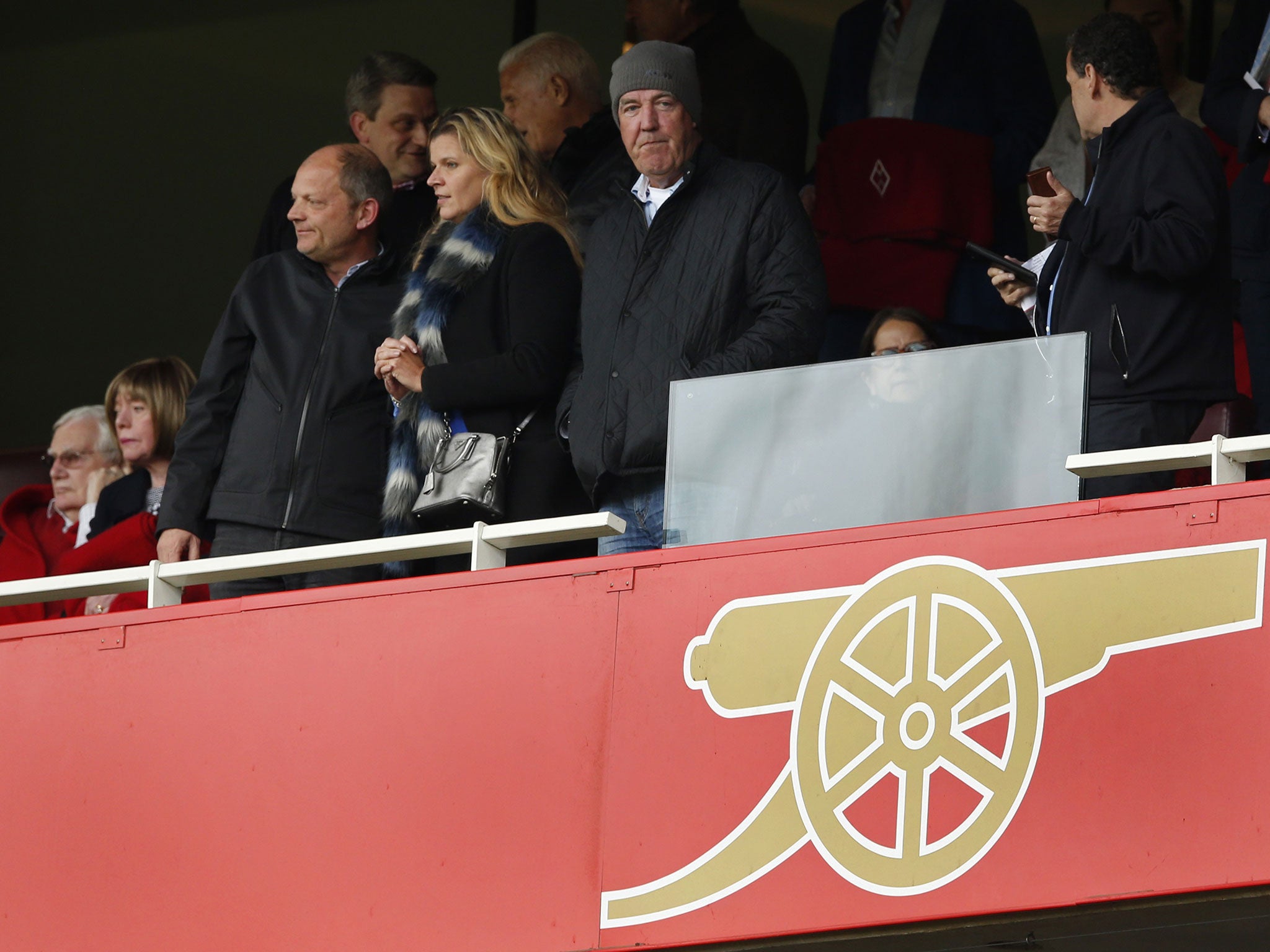 TV presenter Jeremy Clarkson waiting in the stands before the Arsenal vs Chelsea football match at the Emirates Stadium