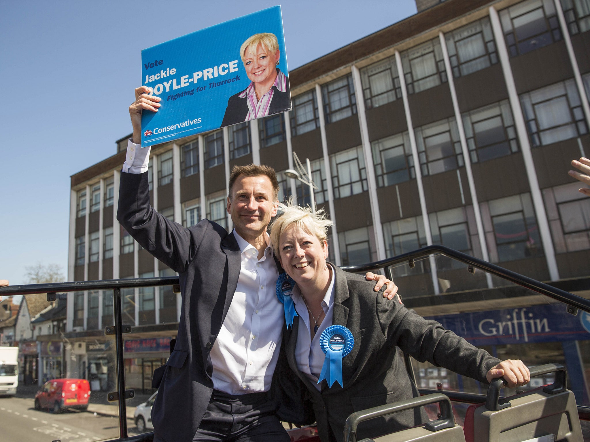 Jeremy Hunt, the Health Secretary, joins Jackie Doyle-Price, the Tory candidate in Thurrock (Getty)