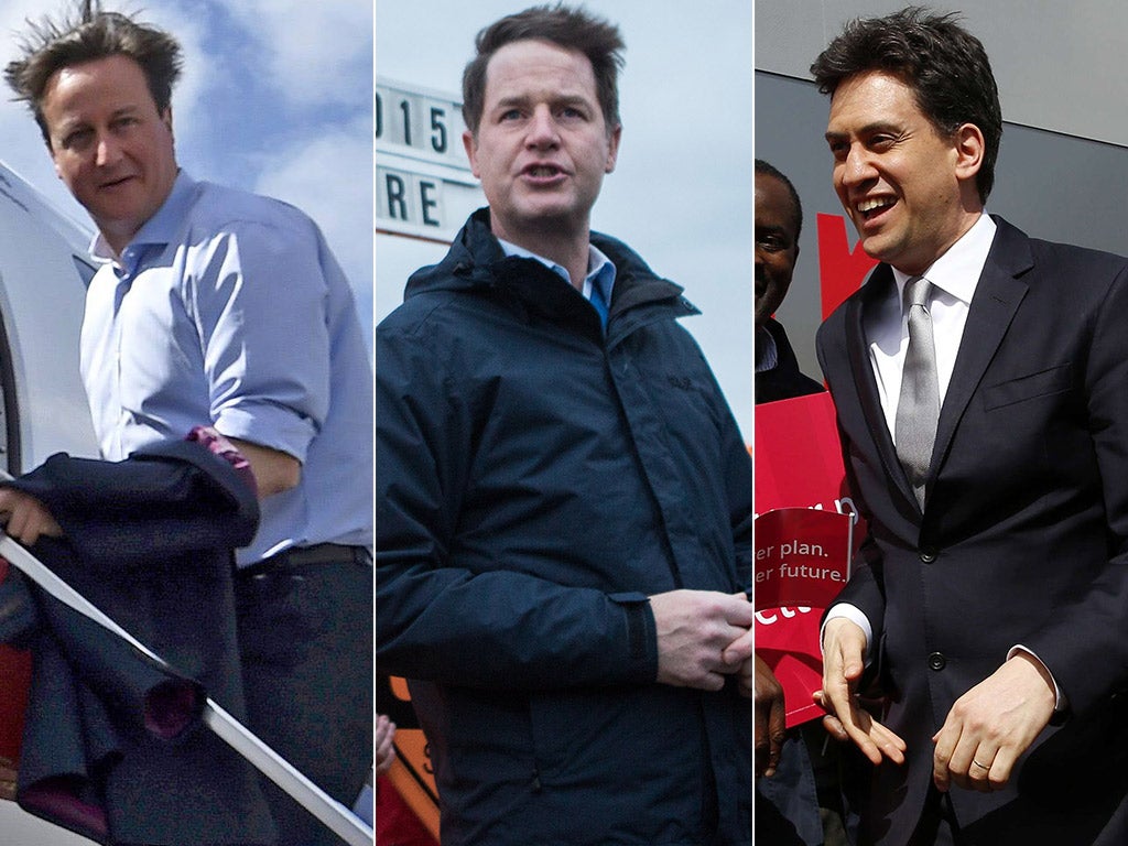 David Cameron, Nick Clegg and Ed MIliband on the campaign trail around the country on Tuesday