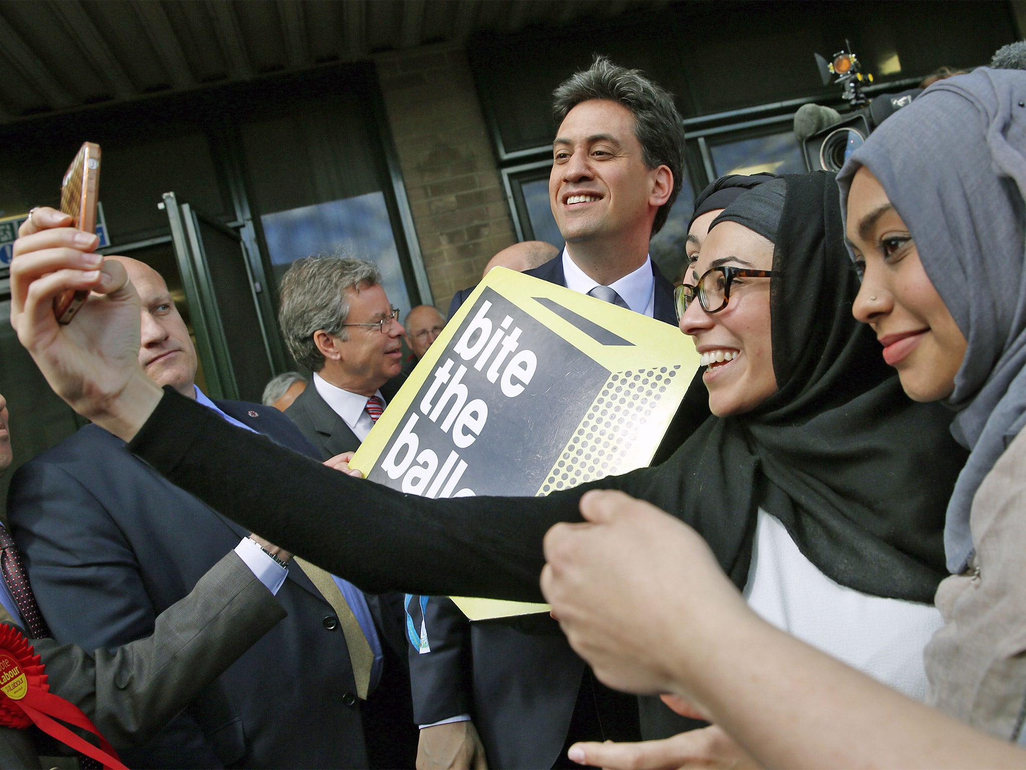 Fans take a selfie with Ed Miliband in Kempston, near Bedford, on Tuesday