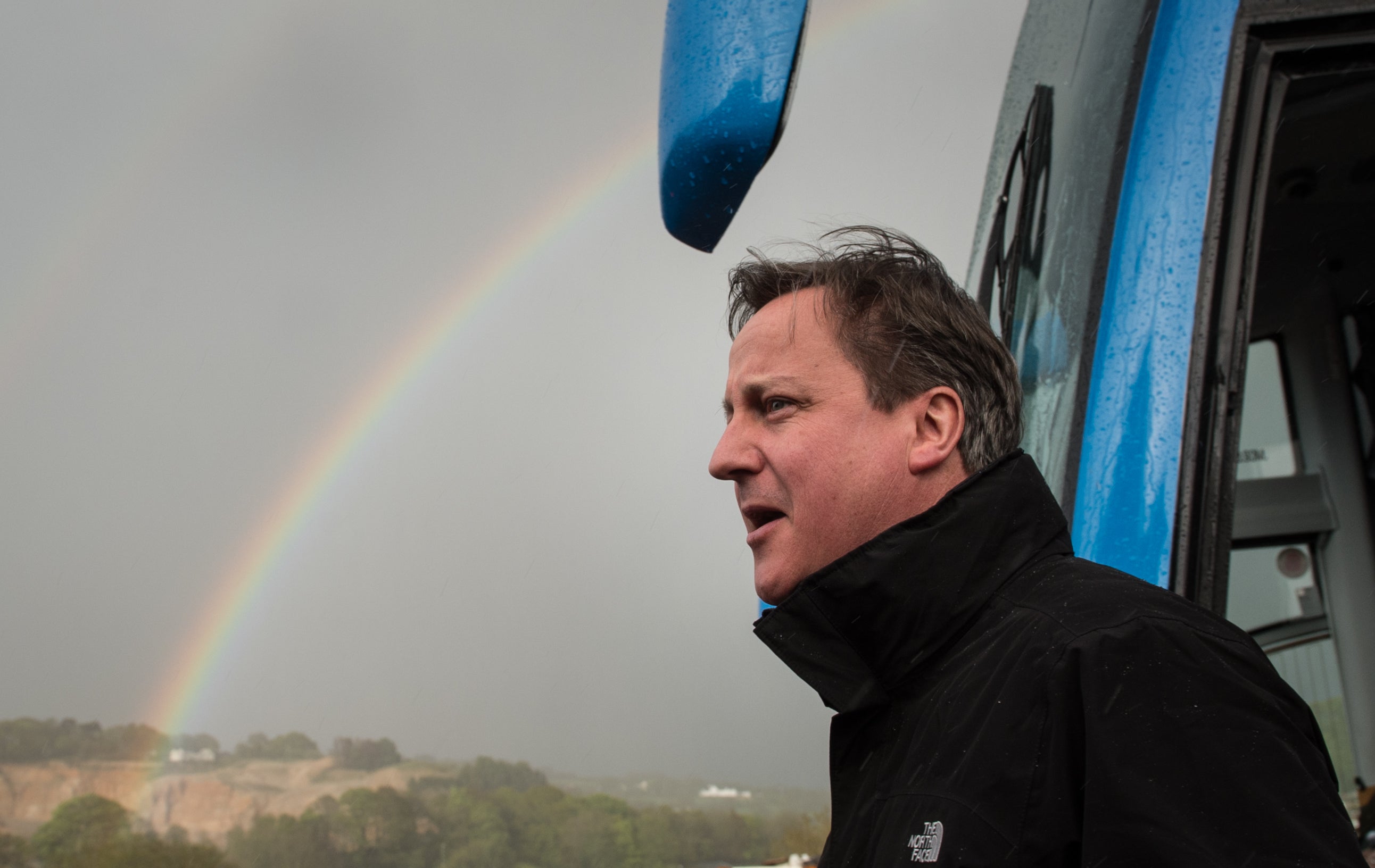 David Cameron braves the weather in Devon