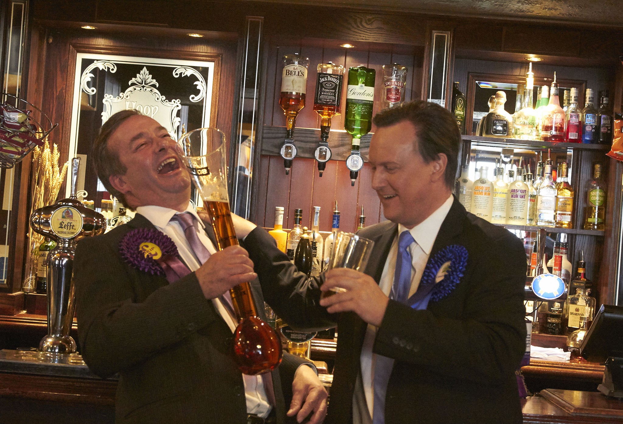 Nigel Farage and David Cameron exhibit high spirits following election success...imagined by Alison Jackson