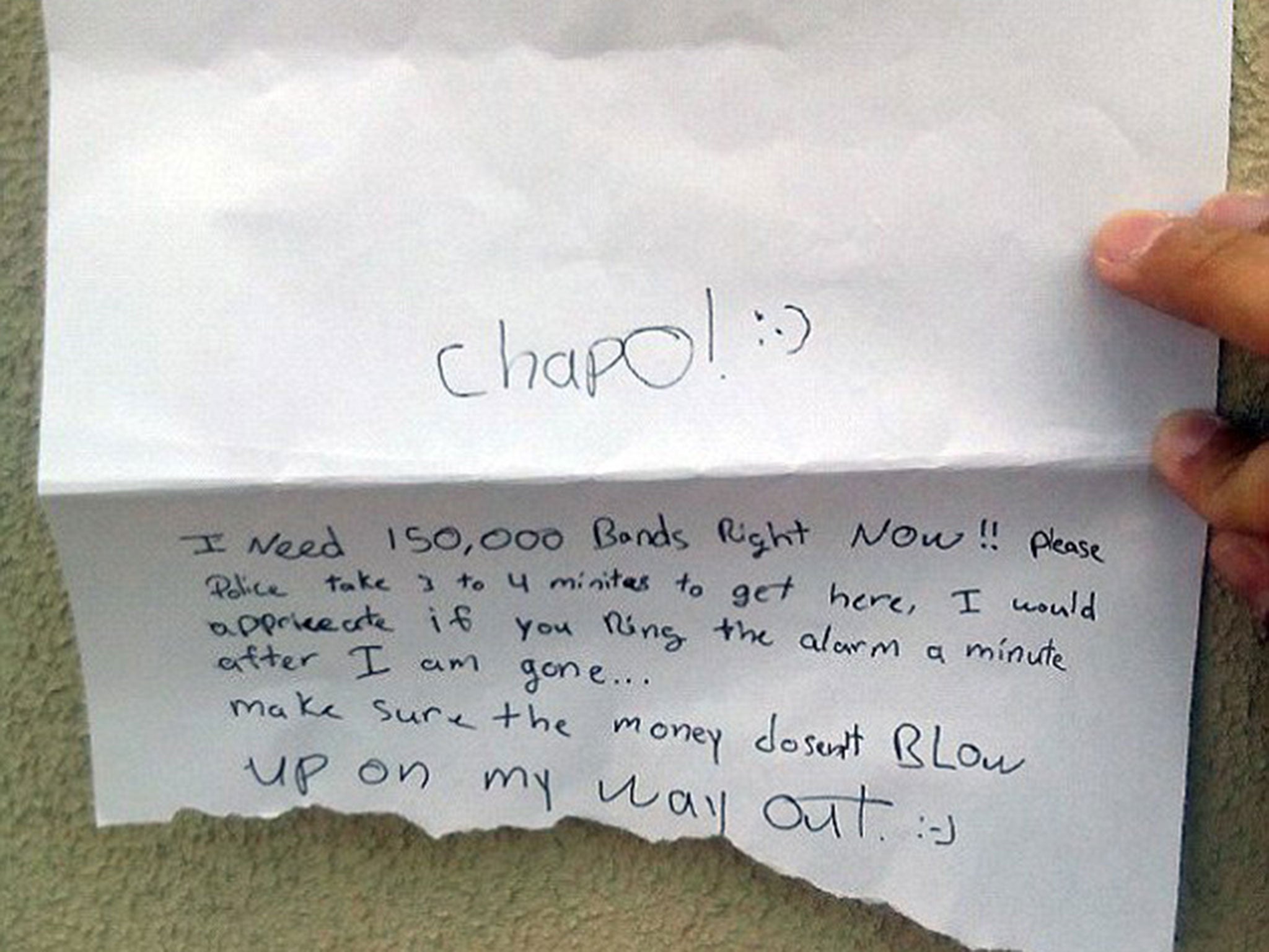 The letter handed to the cashier by Alfonseca