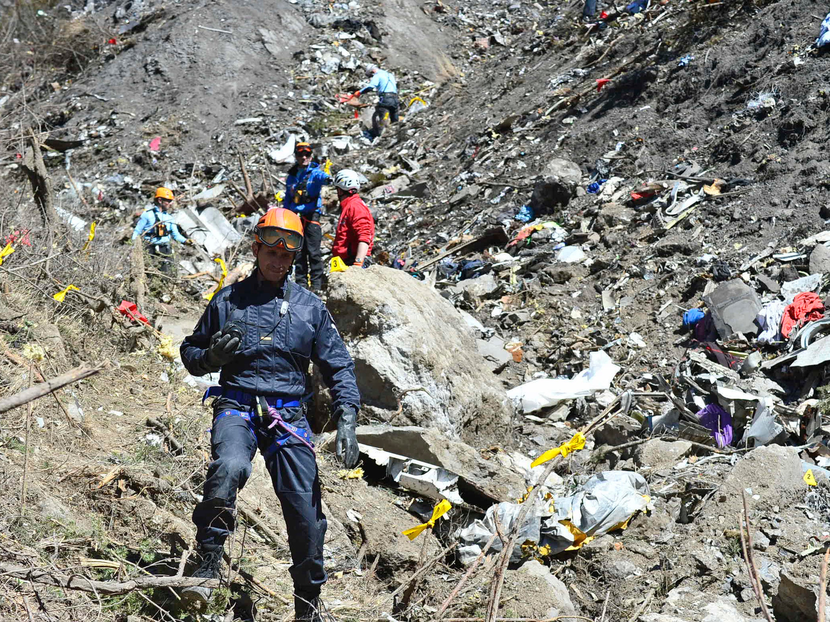 Rescue workers and gendarmerie continue their search operation near the site of the Germanwings plane crash near the French Alps