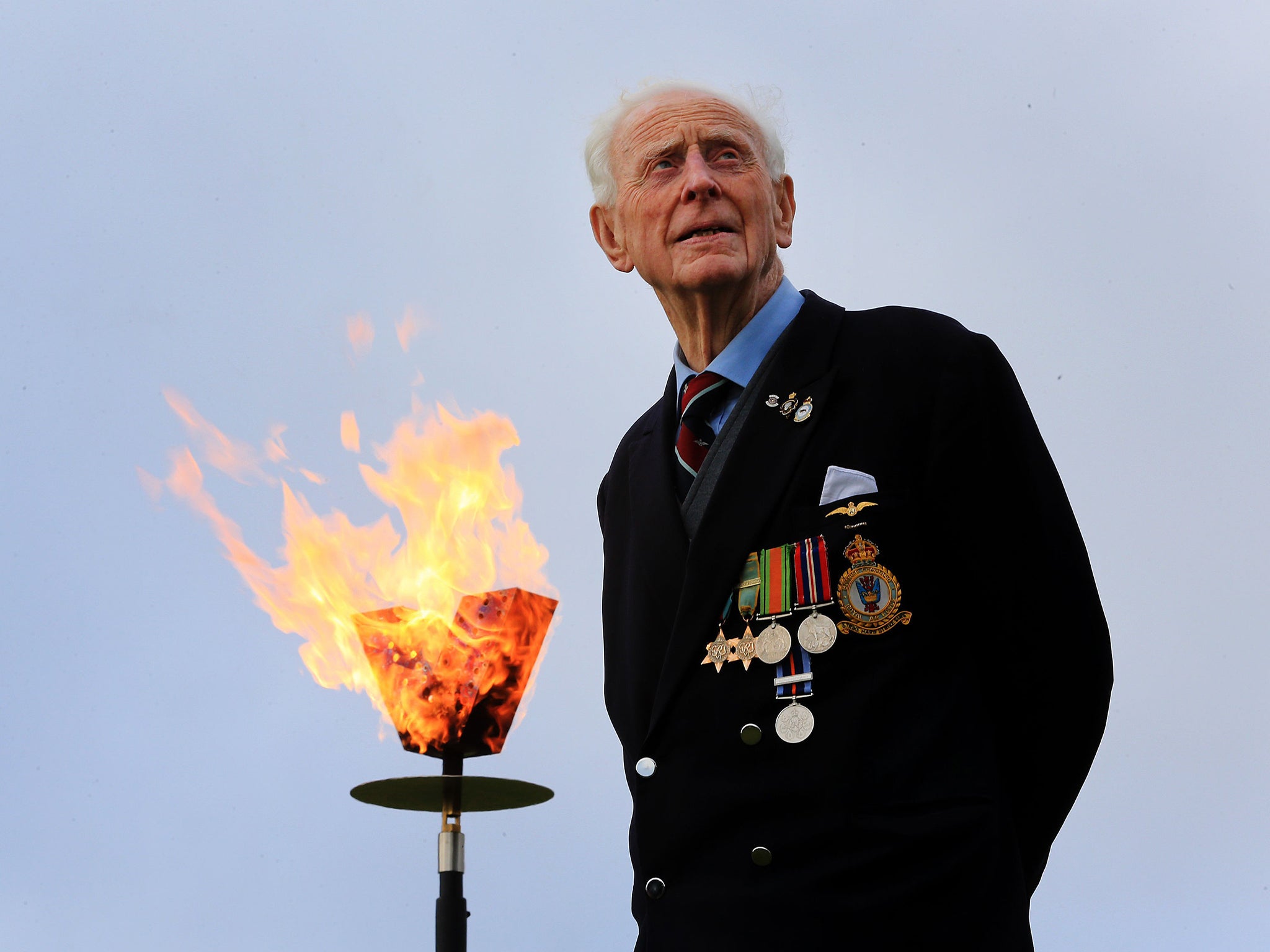 Henry Shackleton, a former RAF World War II Pathfinder pilot with a lit beacon at Dover Castle in Kent