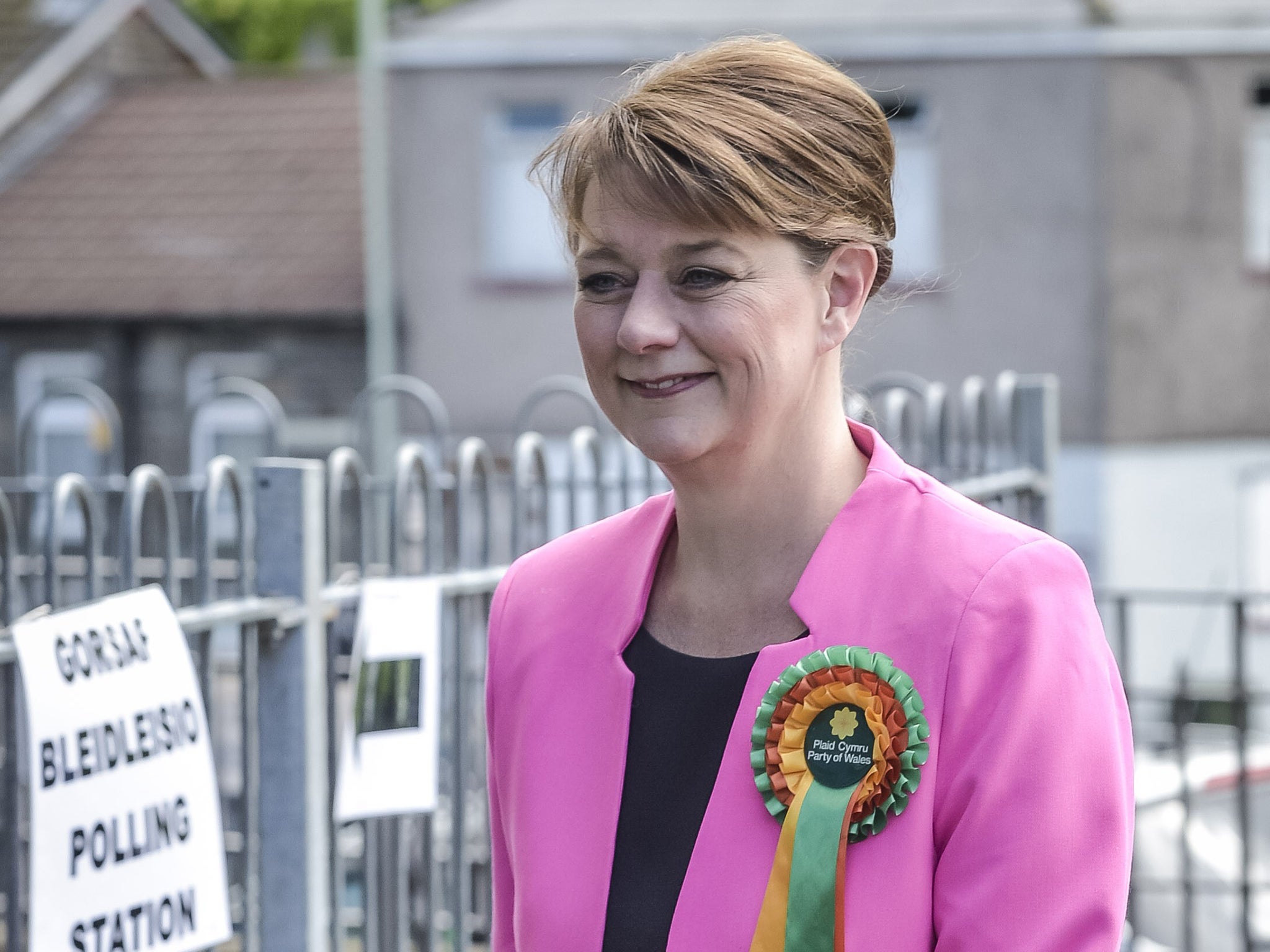 Plaid Cymru leader Leanne Wood arrives at a polling station in Penygraig, Rhondda, Wales