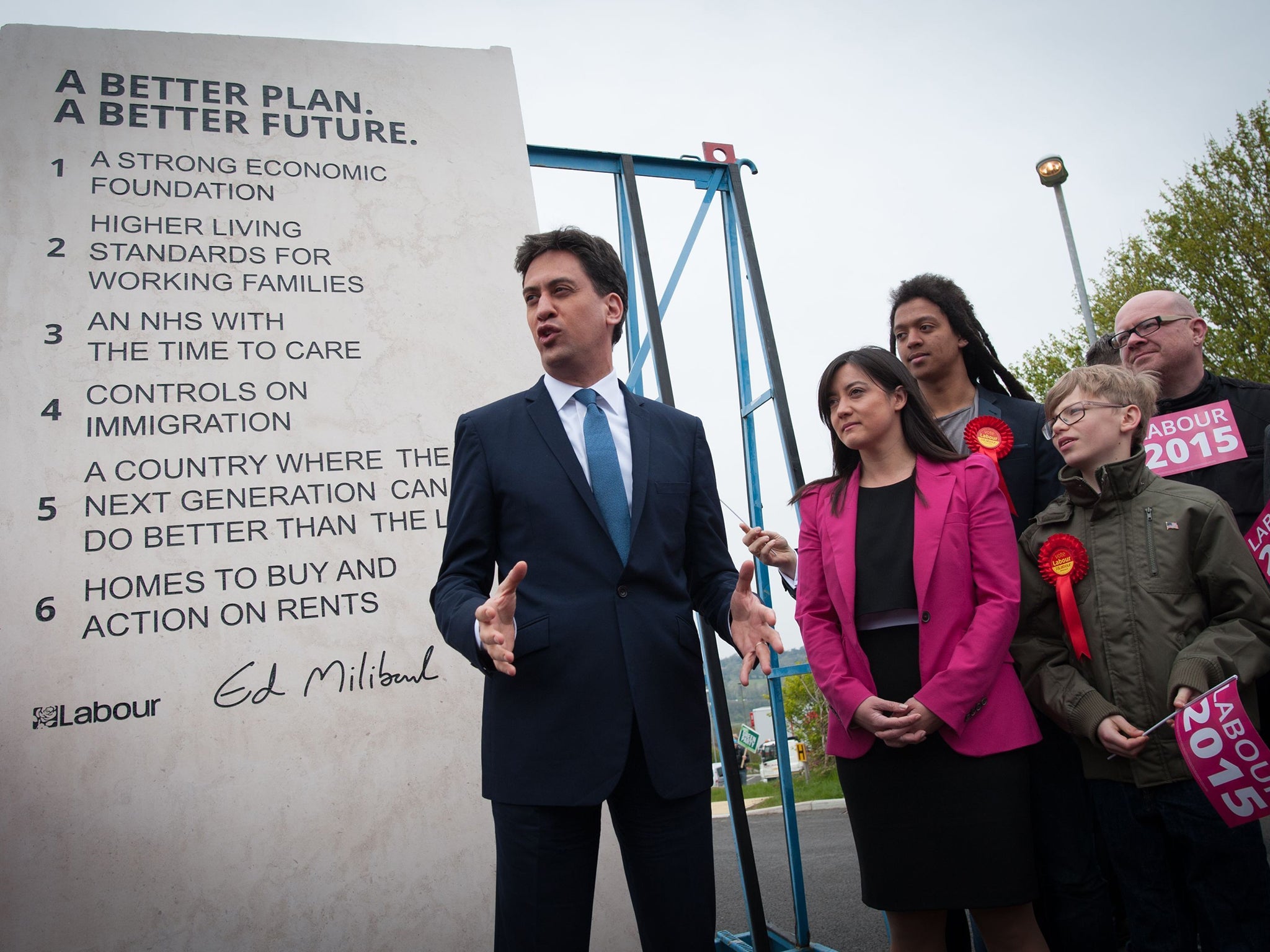 Miliband unveiling Labour’s pledges carved in stone in Hastings on 3 May