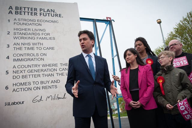 Miliband unveiling Labour’s pledges carved in stone in Hastings on 3 May