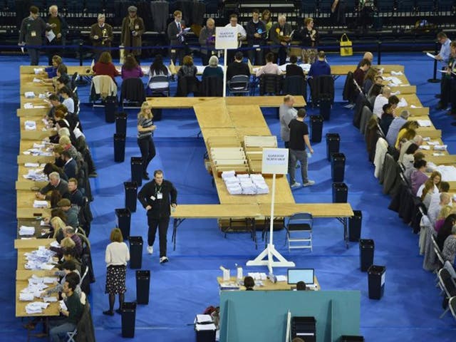 Ballot papers are counted at the Glasgow count for the UK parliamentary elections on May 7, 2015 in Glasgow, Scotland. The United Kingdom has gone to the polls to vote for a new government in one of the most closely fought General Elections in recent hist