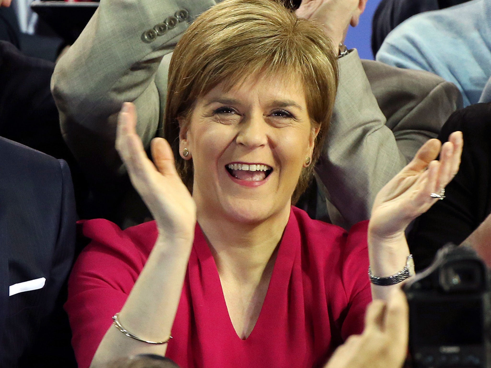 First Minister of Scotland and Scottish National Party leader Nicola Sturgeon celebrates with the results for her party at the count of Glasgow constituencies for the general election in Glasgow