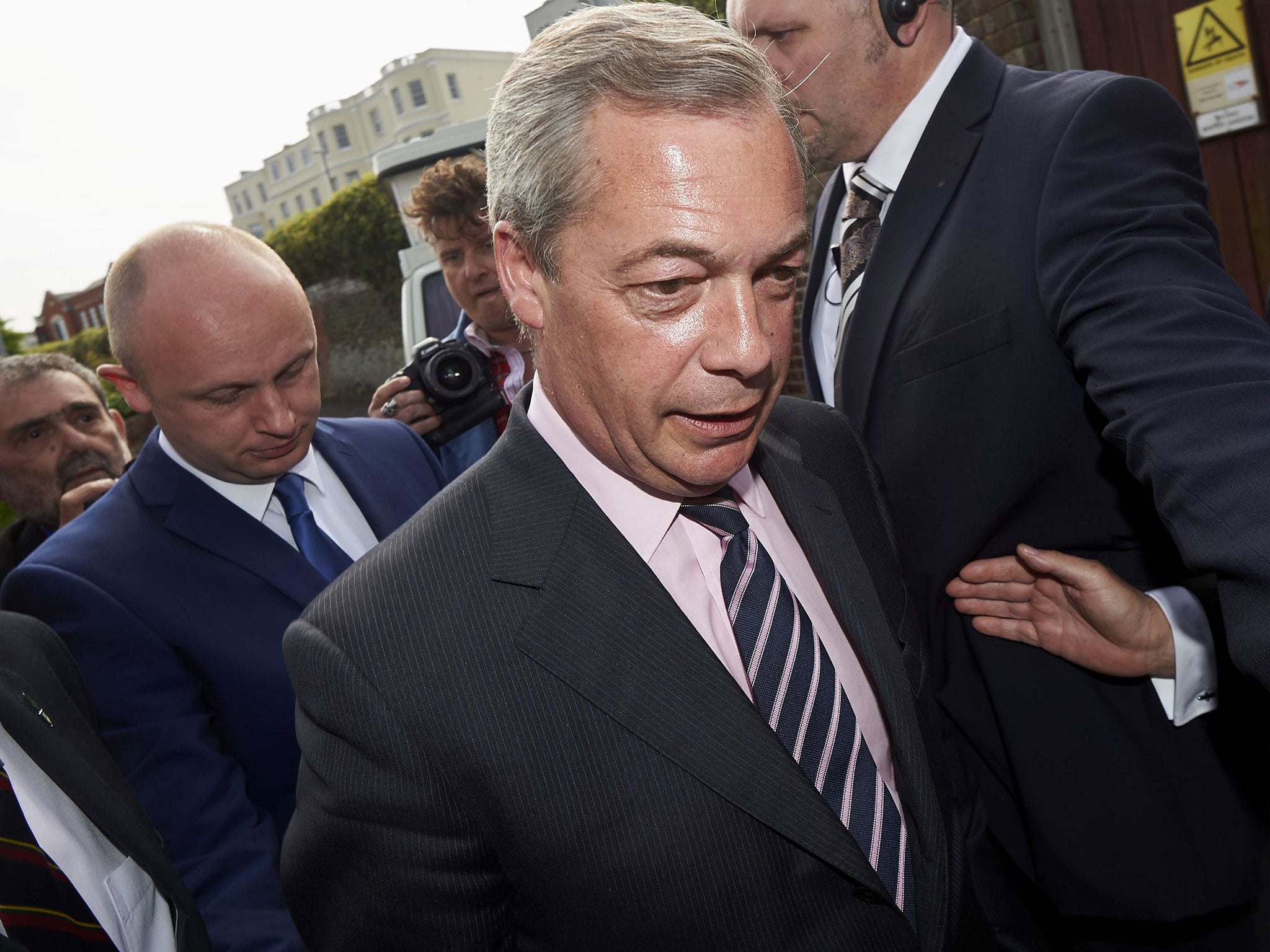 UK Independence Party (UKIP) leader Nigel Farage arrives at a counting centre in Margate