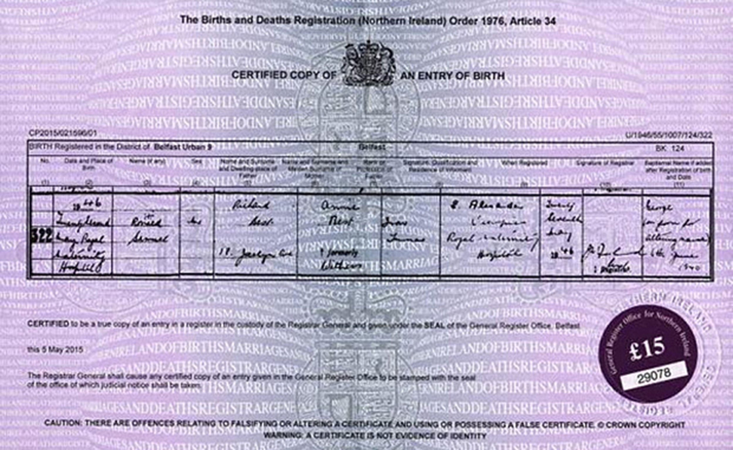 A picture of George Best's birth certificate