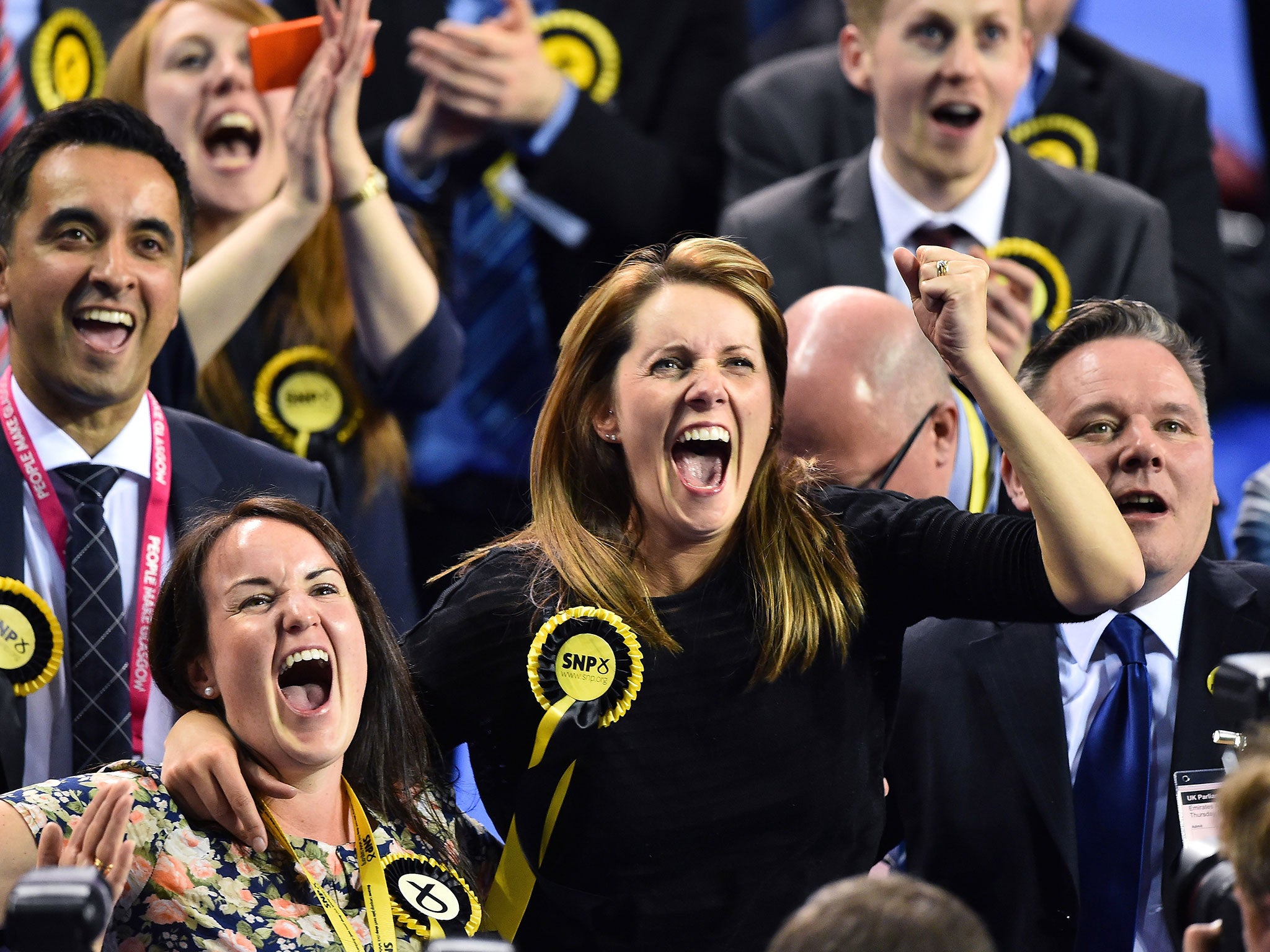 SNP supporters celebrate during the Glasgow declarations in Glasgow, Scotland