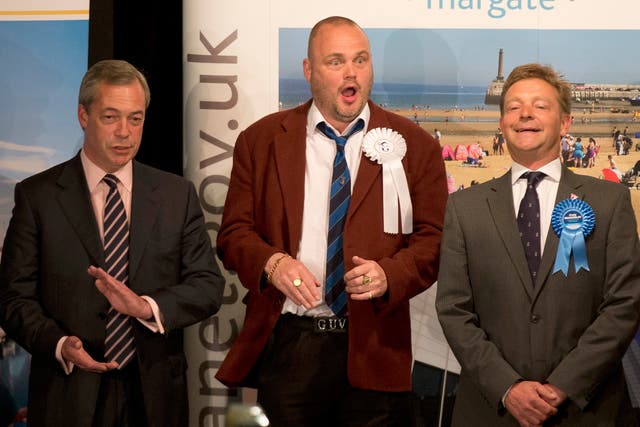 The new Conservative MP Craig Mackinlay (right) after winning the South Thanet seat, beside defeated rivals Nigel Farage and the comedian Al Murray