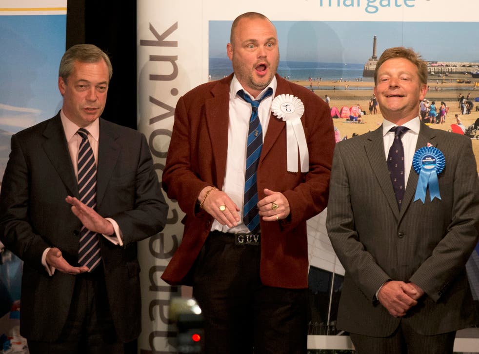 The new Conservative MP Craig Mackinlay (right) after winning the South Thanet seat, beside defeated rivals Nigel Farage and the comedian Al Murray