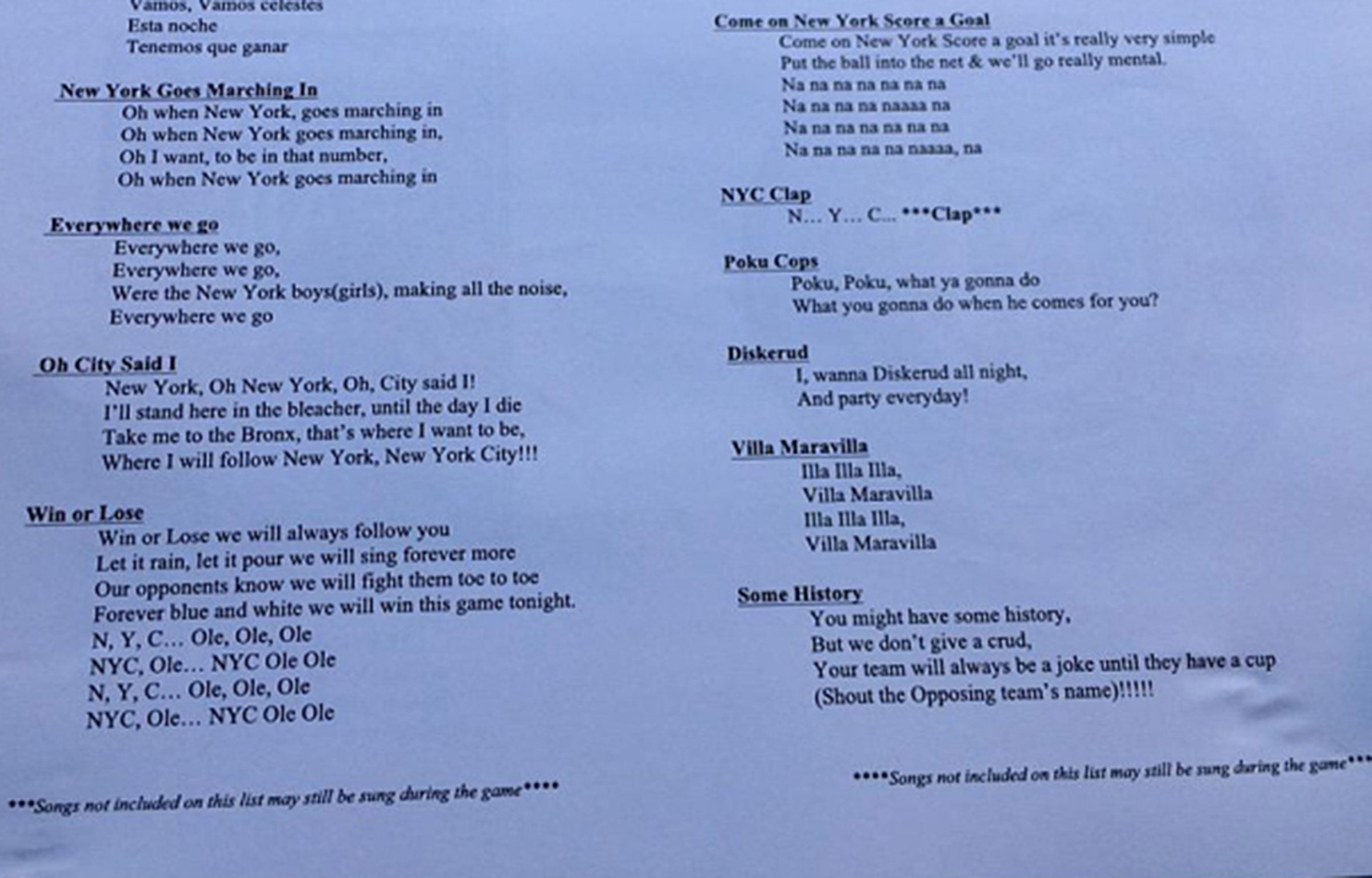 A song sheet issued by New York City FC