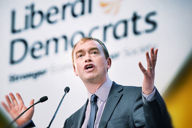 Tim Farron speaking at the Liberal Democrats Party Conference