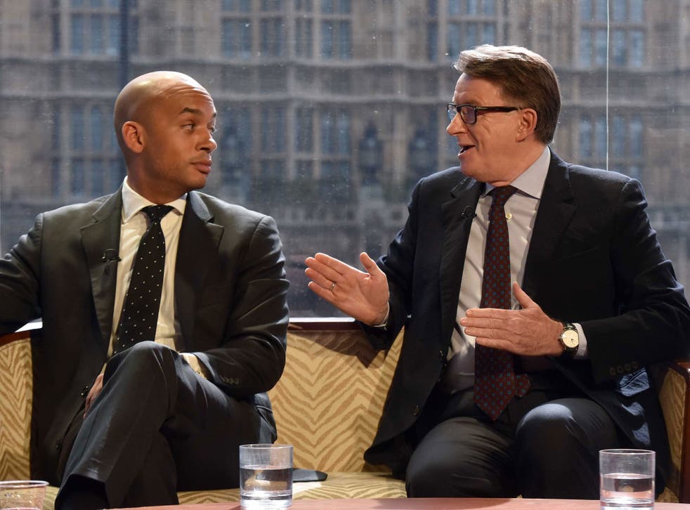 Shadow Business Secretary Chuka Umunna (left) and Lord Mandelson appearing on BBC One's The Andrew Marr Show (PA)