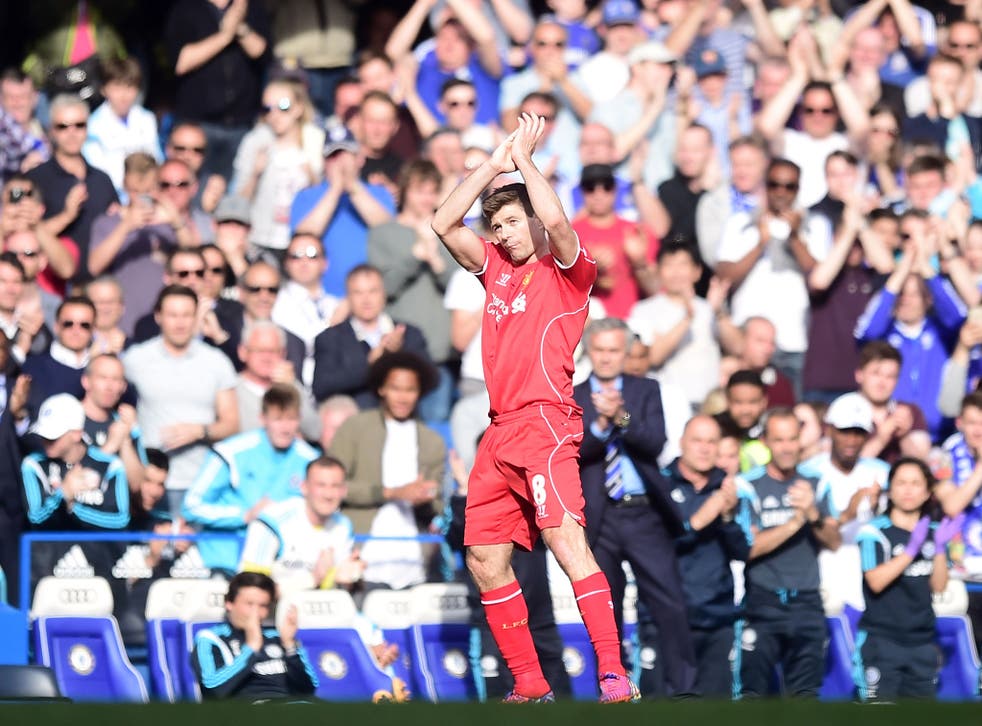 Liverpool’s Steven Gerrard receives a standing ovation after being substituted at Stamford Bridge