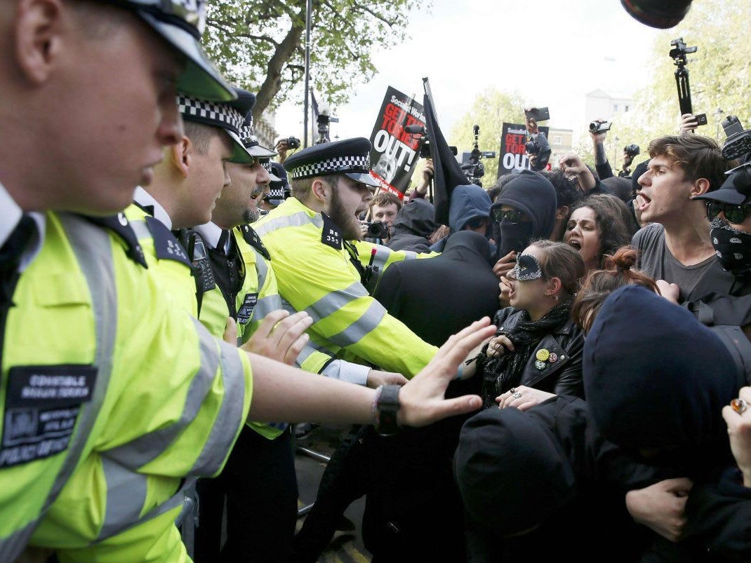 Protesters and police faced off at the gates of Downing Street on 9 May
