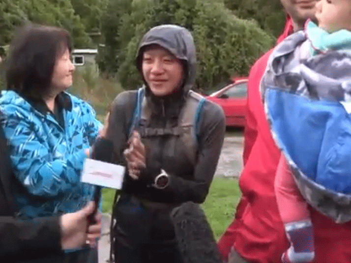 Susan O'Brien speaks to reporters after being rescued by helicopter in the New Zealand wilderness