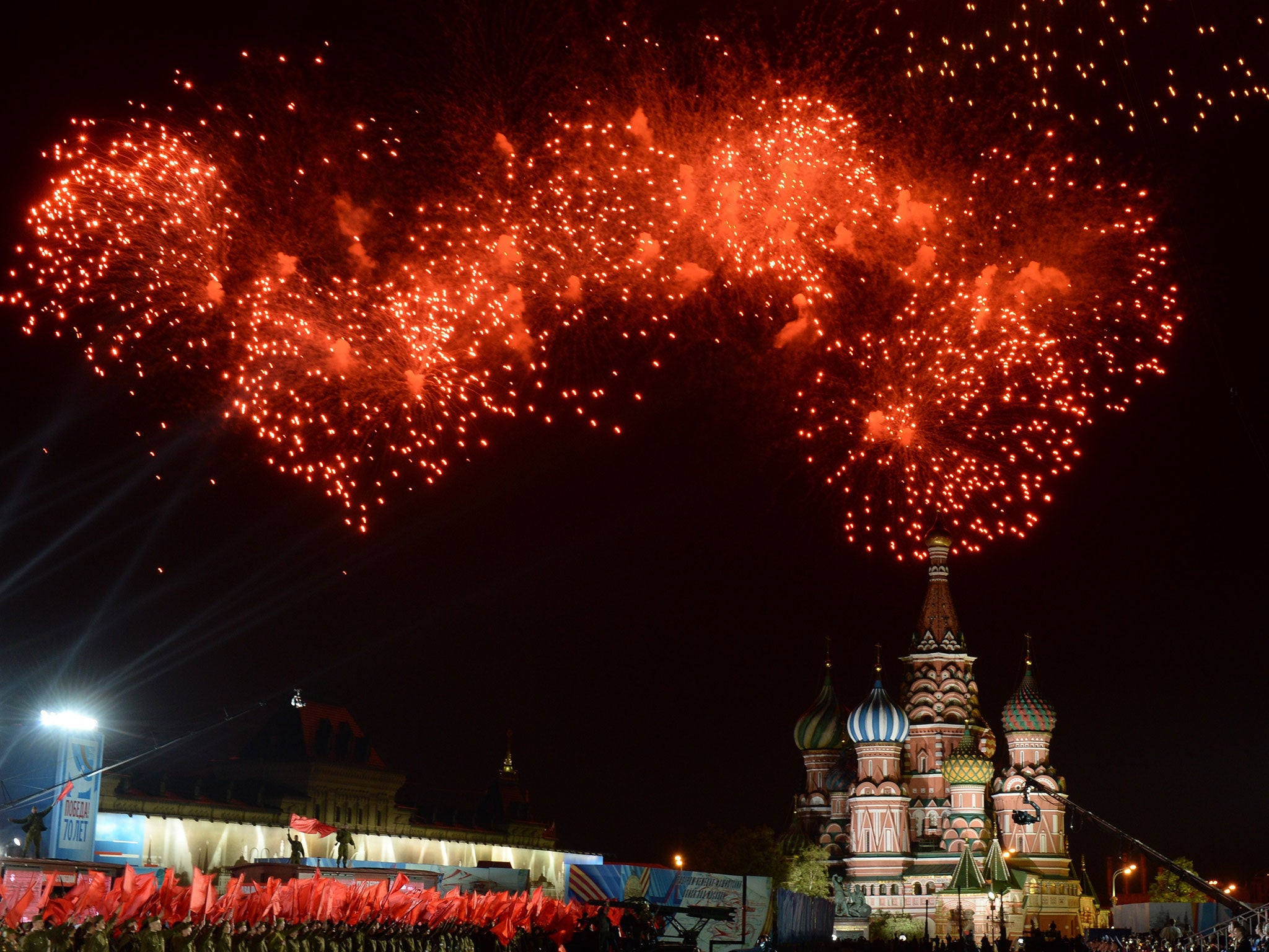 Fireworks explode above Moscow's Red Square during the Victory Day celebrations marking the 70th anniversary of the 1945 victory over Nazi Germany