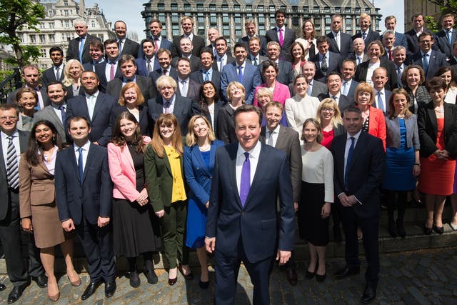 Prime Minister David Cameron poses for a photo with the newly elected Conservative Party MPs in Palace Yard on May 11, 2015 in London, England