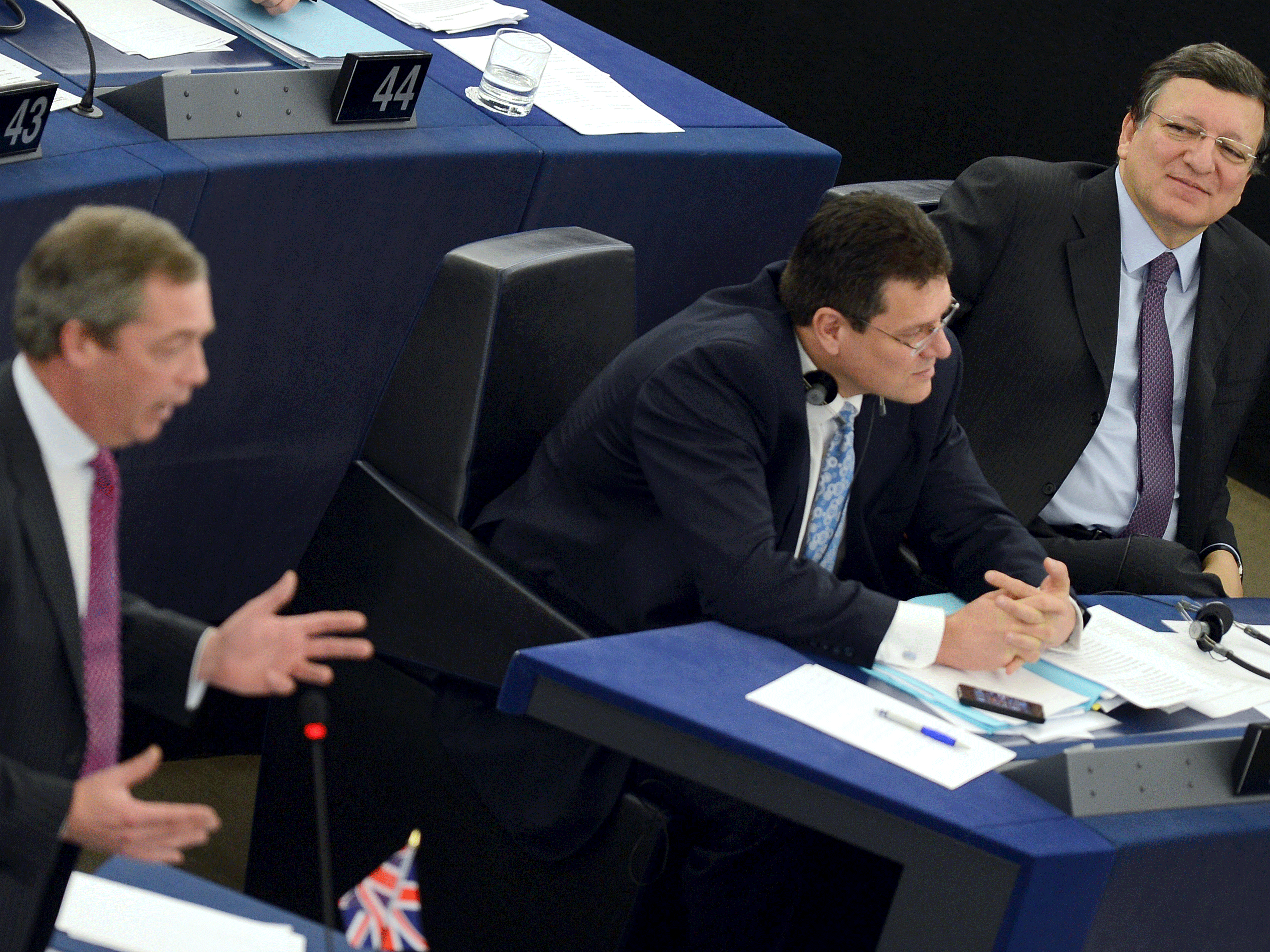 Former EU Commission President Jose Manuel Barroso looks on at Nigel Farage, as he makes a speech at the European Parliament at Strasbourg