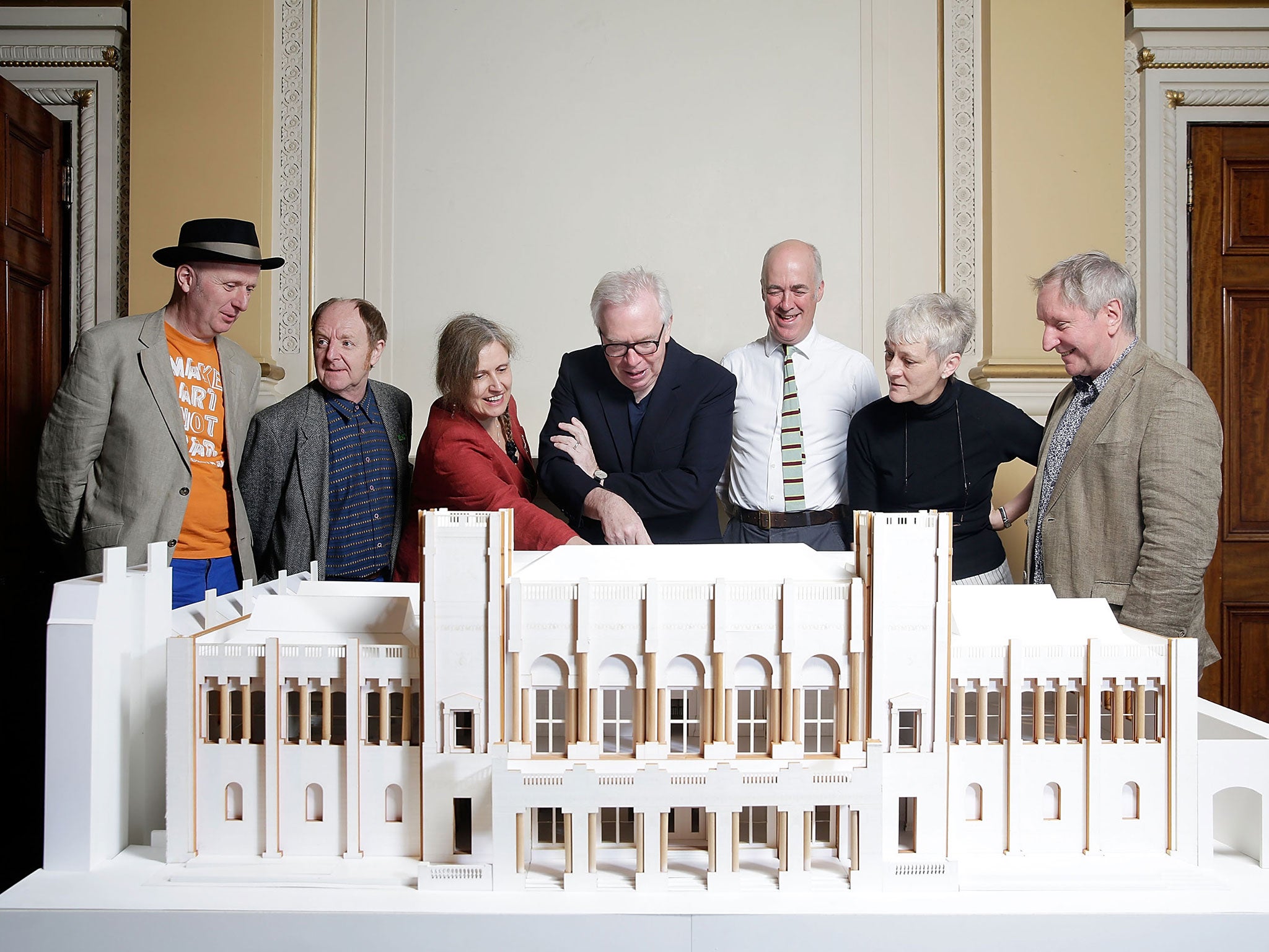 Sir David Chipperfield, centre, flanked by Charles Saumarez-Smith, shows off the plans for the Royal Academy’s £50m extension, scheduled to be completed in 2018