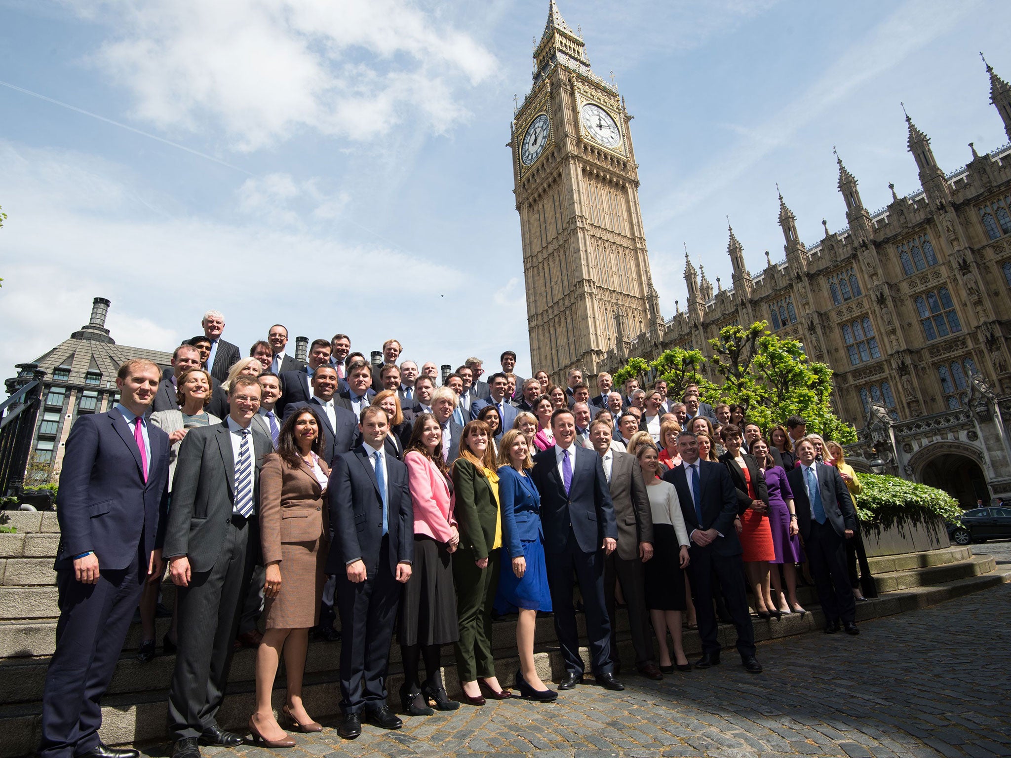 David Cameron with the newly elected Conservative MPs outside the Houses of Parliament