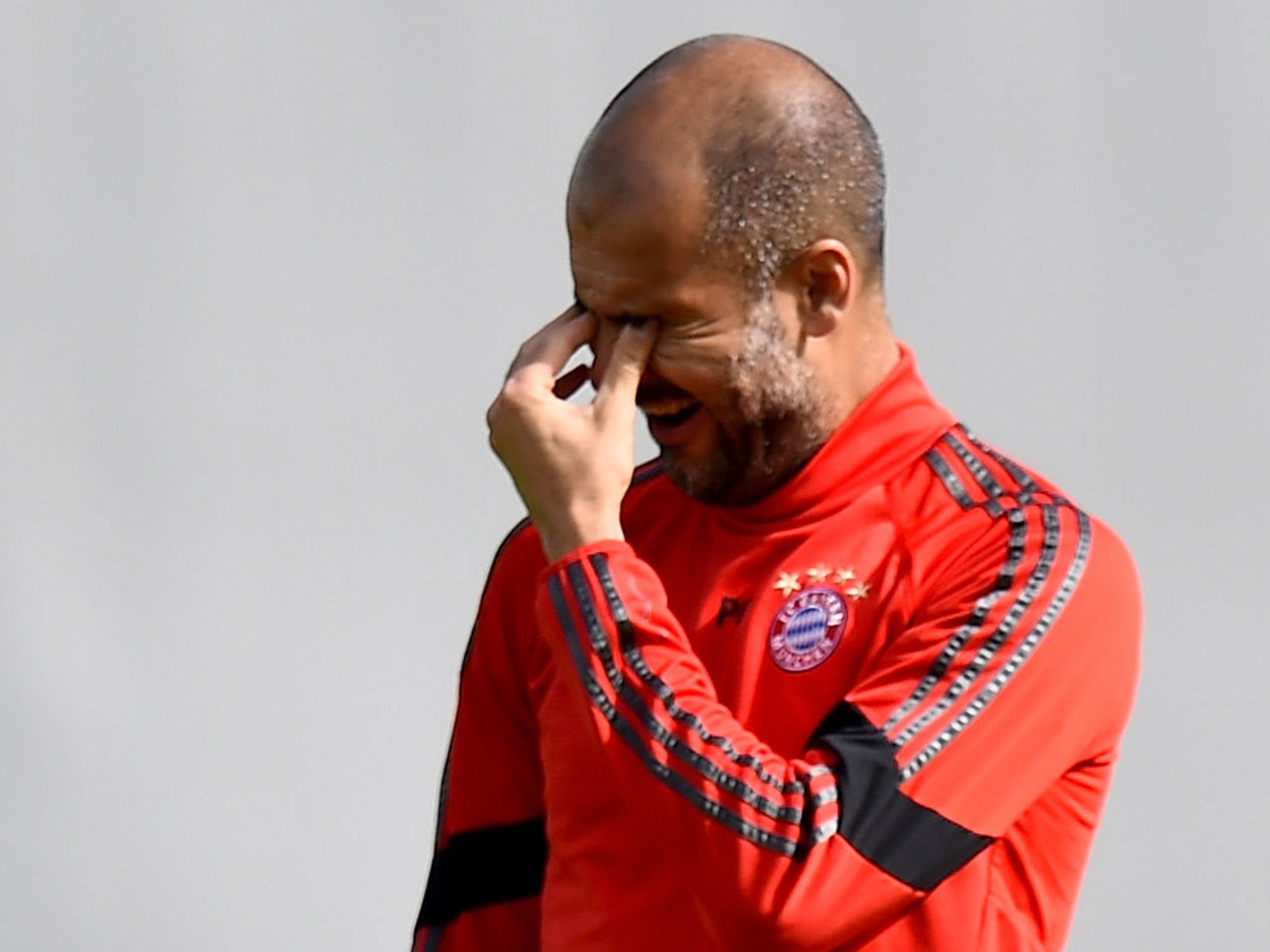 Pep Guardiola looks pained during Bayern Munich’s training session