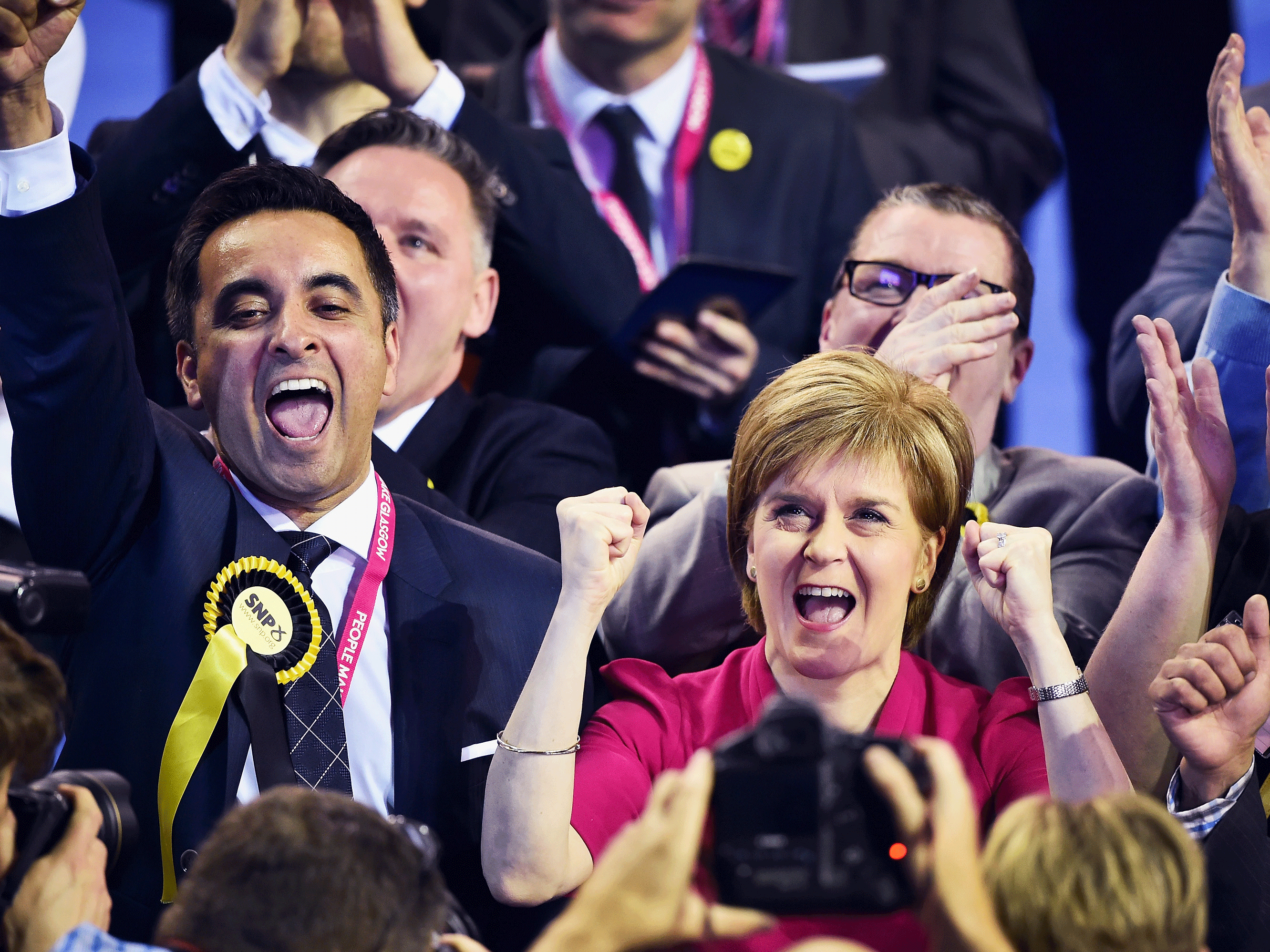 Leader of the SNP Nicola Sturgeon celebrates during the Glasgow declarations on May 8, 2015 in Glasgow, Scotland.