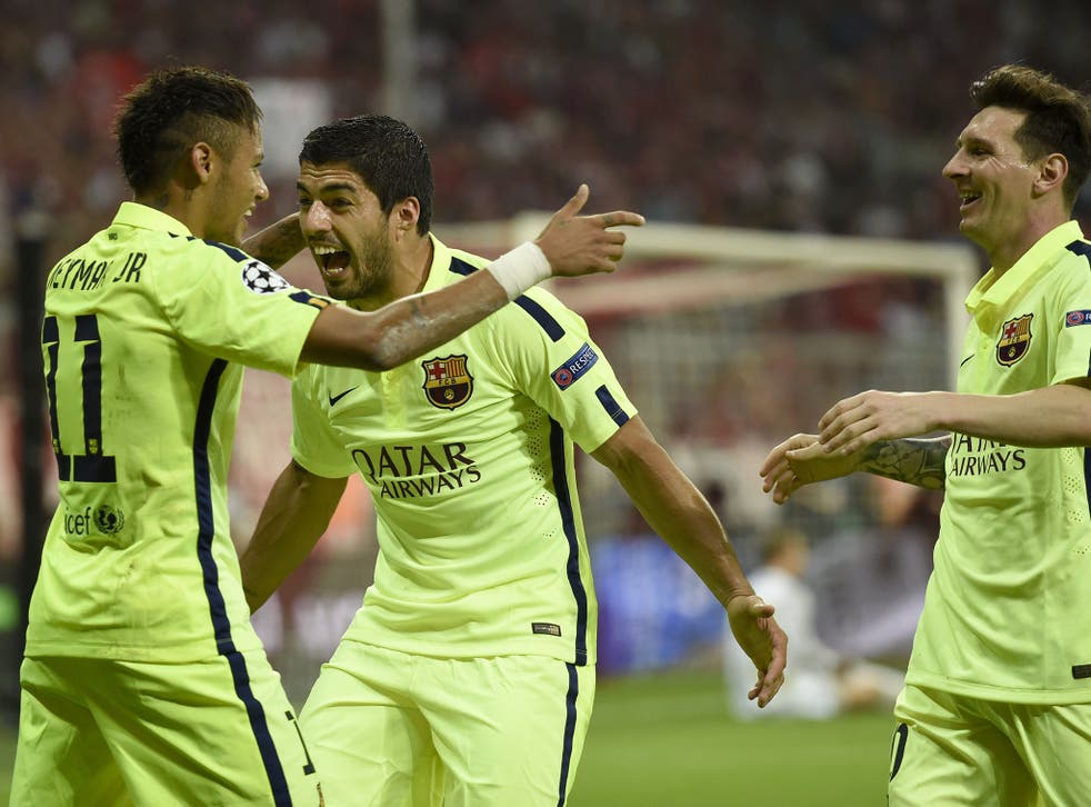 Luis Suarez (centre) and Lionel Messi (right) celebrate with Neymar after his opening goal