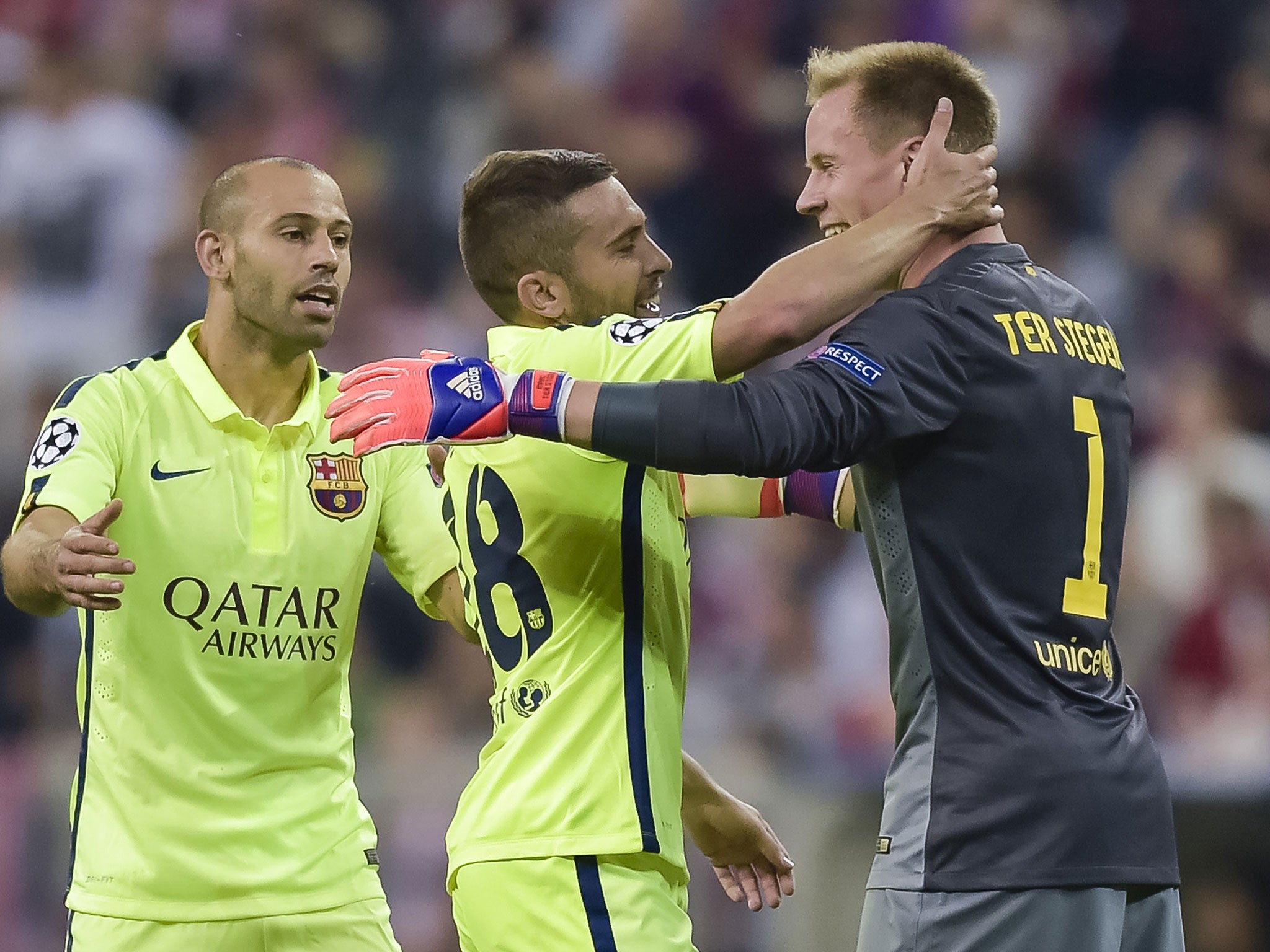 Barcelona player celebrate with goalkeeper Ter Stegen