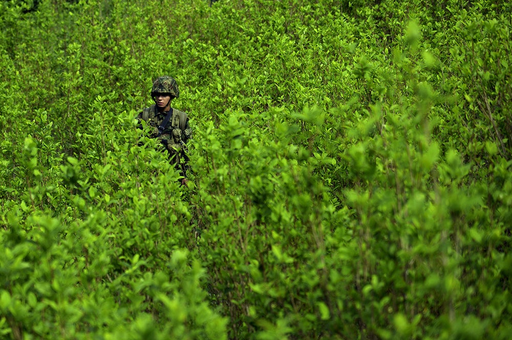 A soldier provides security for a coca plantation eradication operation in the mountains of Yali municipality in Colombia