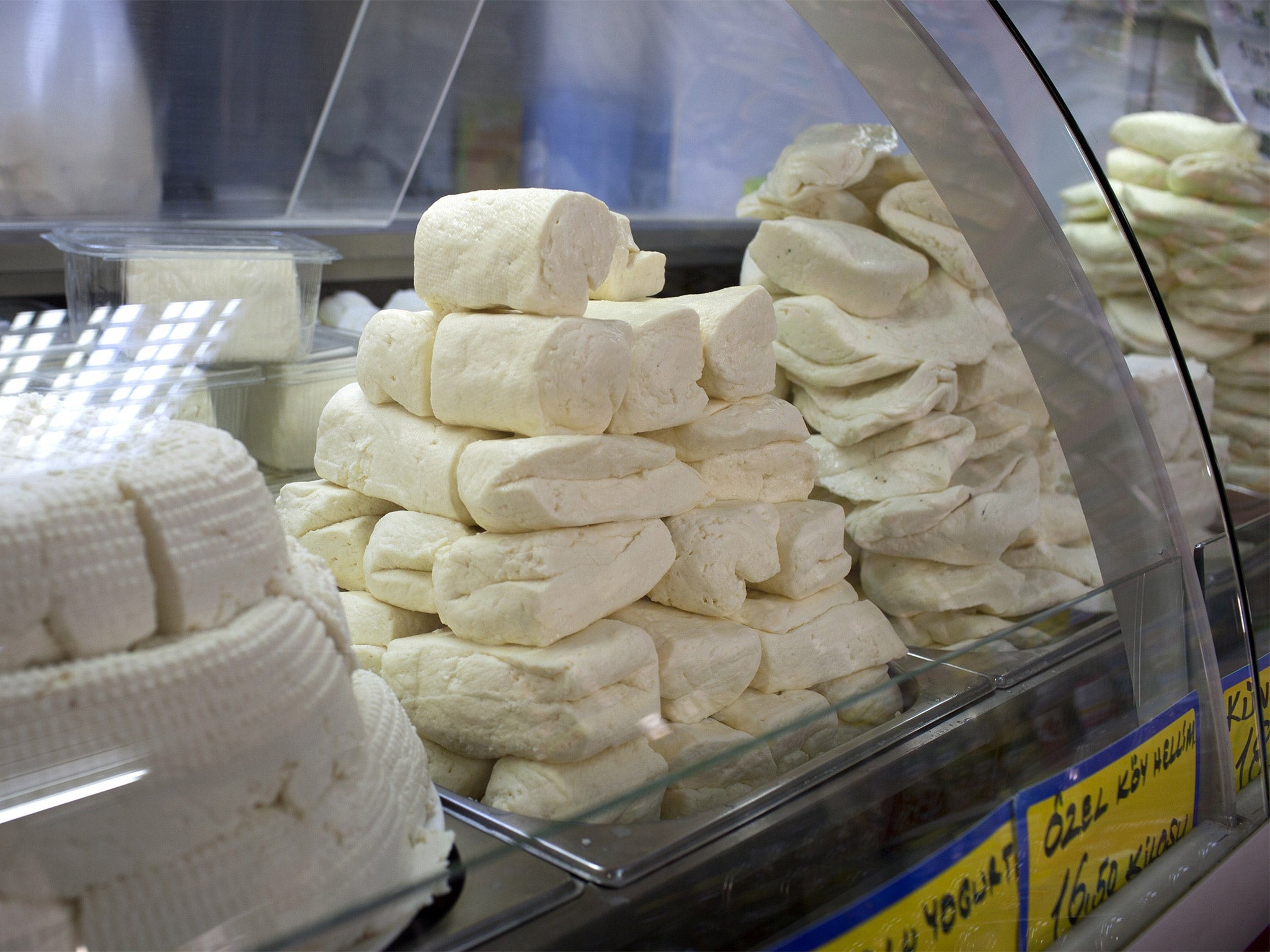 Cypriot halloumi cheese displayed at a shop in Nicosia (Getty)