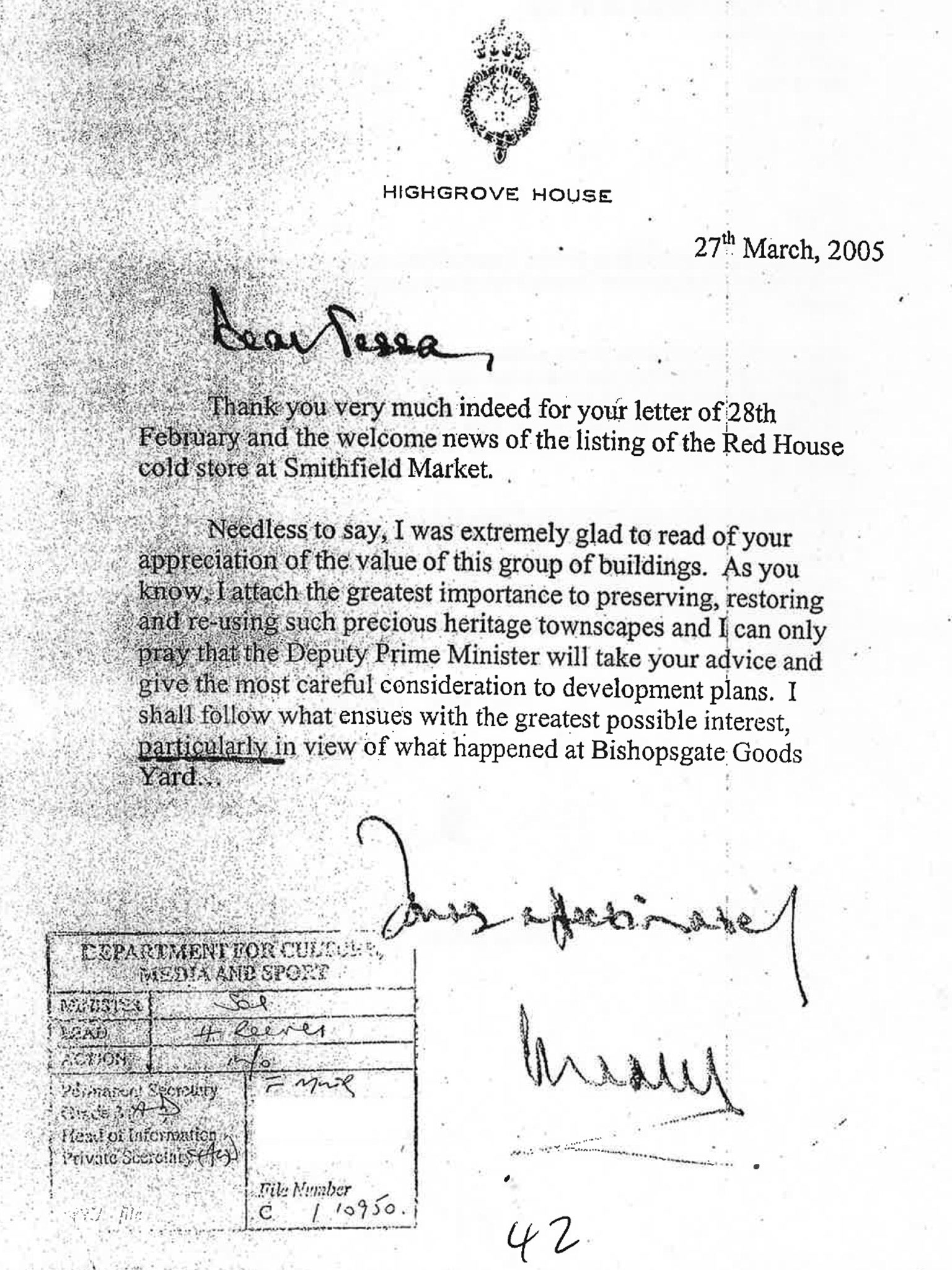 A letter Prince Charles wrote to then Culture Secretary Tessa Jowell in March 2005