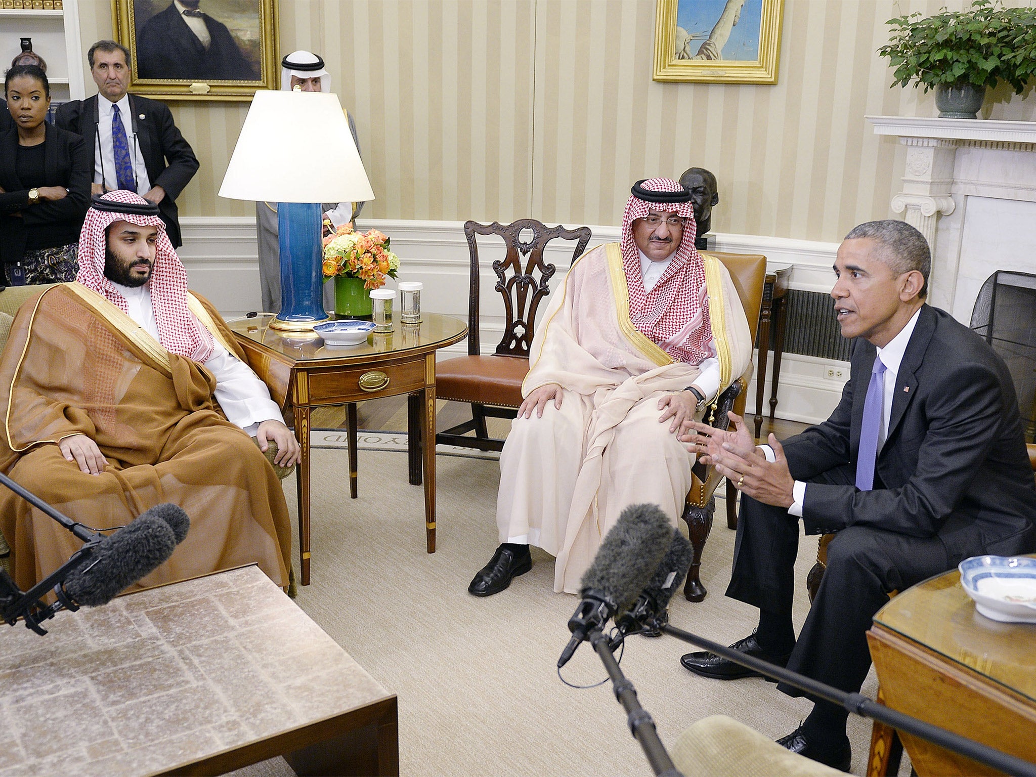 President Obama holding a meeting with Crown Prince Mohammed bin Nayef and Deputy Crown Prince Mohammed bin Salman (left) of Saudi Arabia in the Oval Office