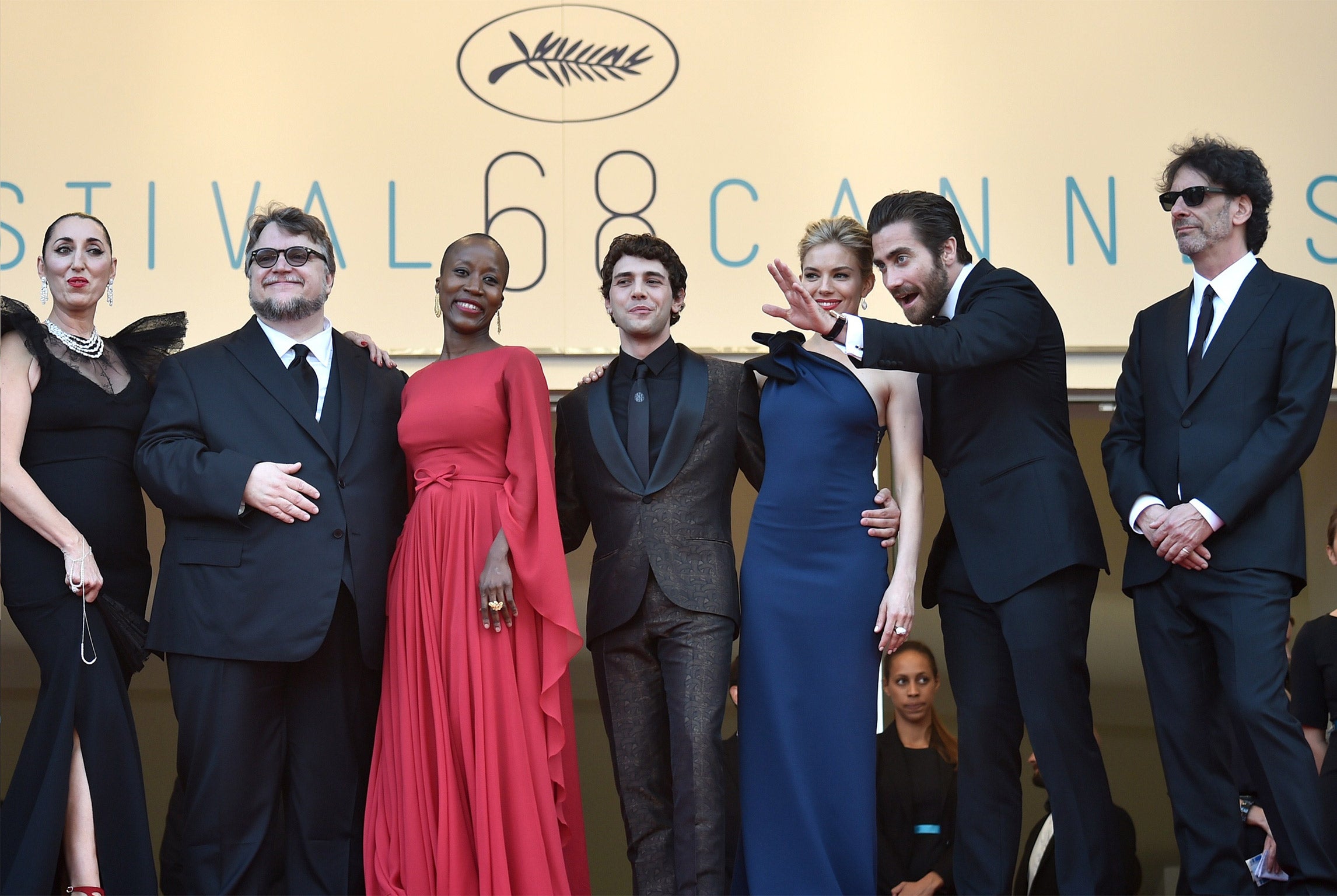 Jury members, from left: Spanish actress Rossy de Palma, Mexican director Guillermo del Toro, Malian singer/songwriter Rokia Traore, Canadian director Xavier Dolan, British actress Sienna Miller, US actor Jake Gyllenhaal and US director and President of t