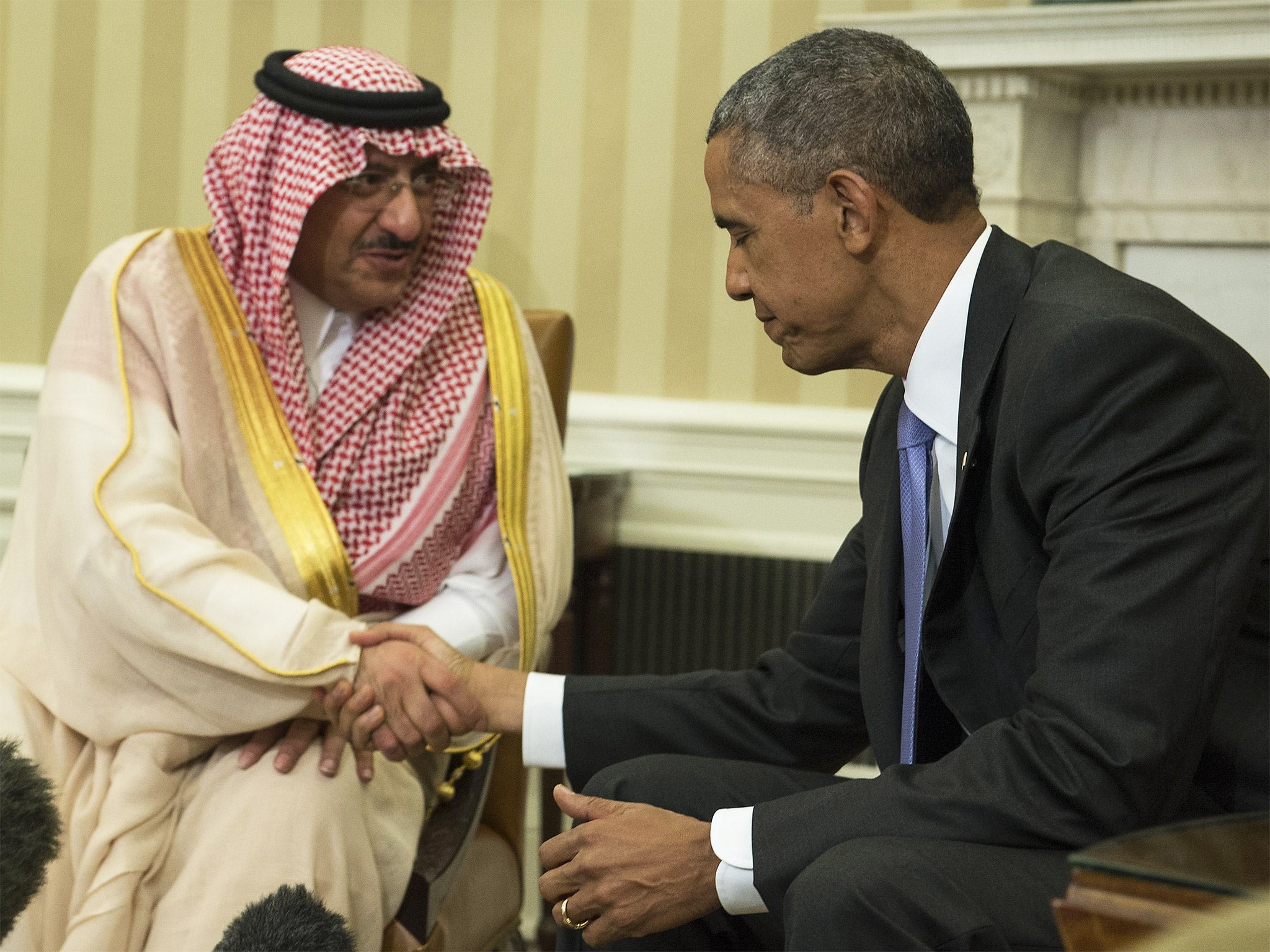 Crown Prince Mohammed bin Nayef shakes hands with President Obama during a meeting in the Oval Office on Wednesday