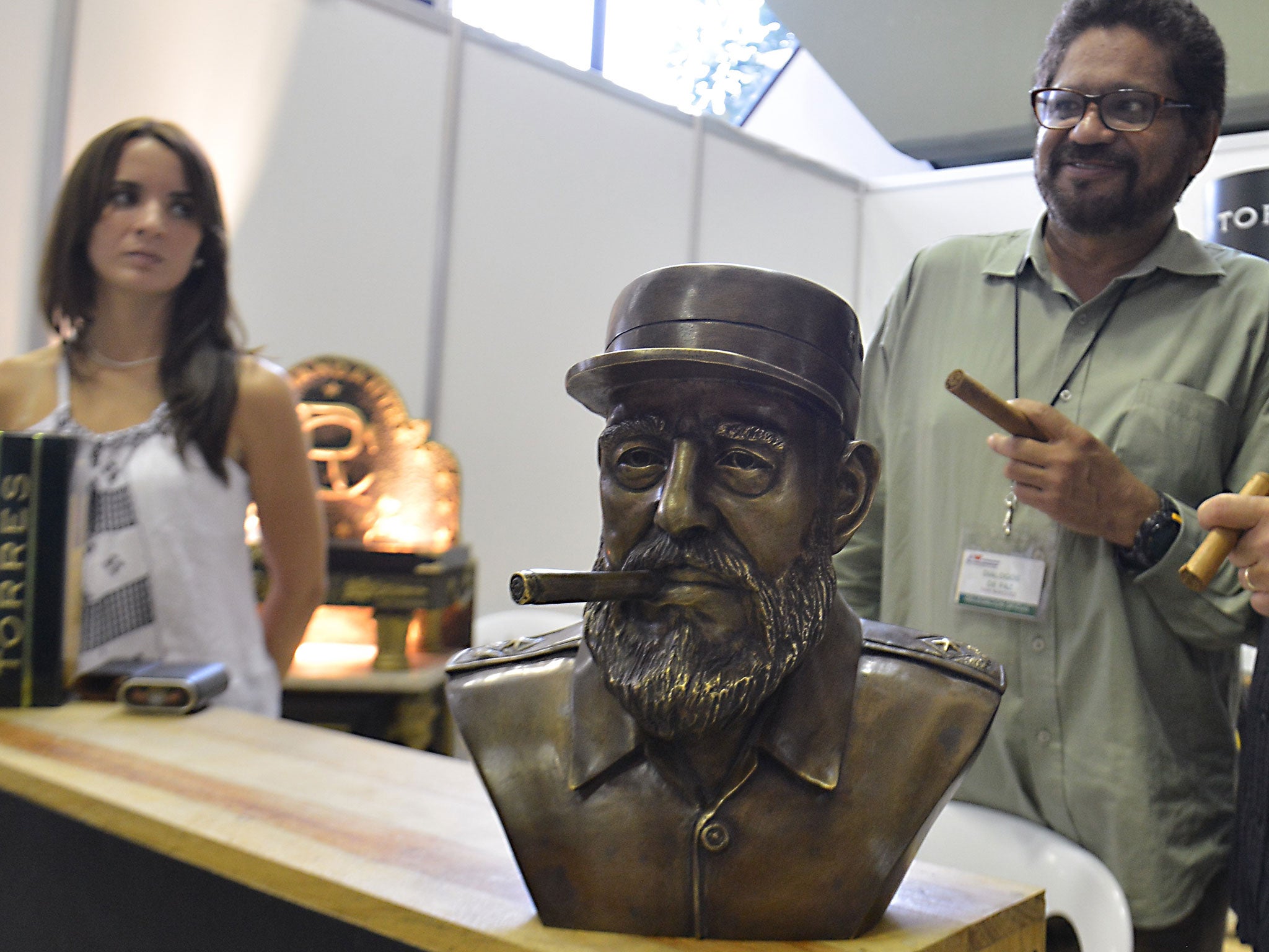 A sculpture of former Cuban President Fidel Castro displayed on a stand, during the XV Cigar Festival in Havana, 2013