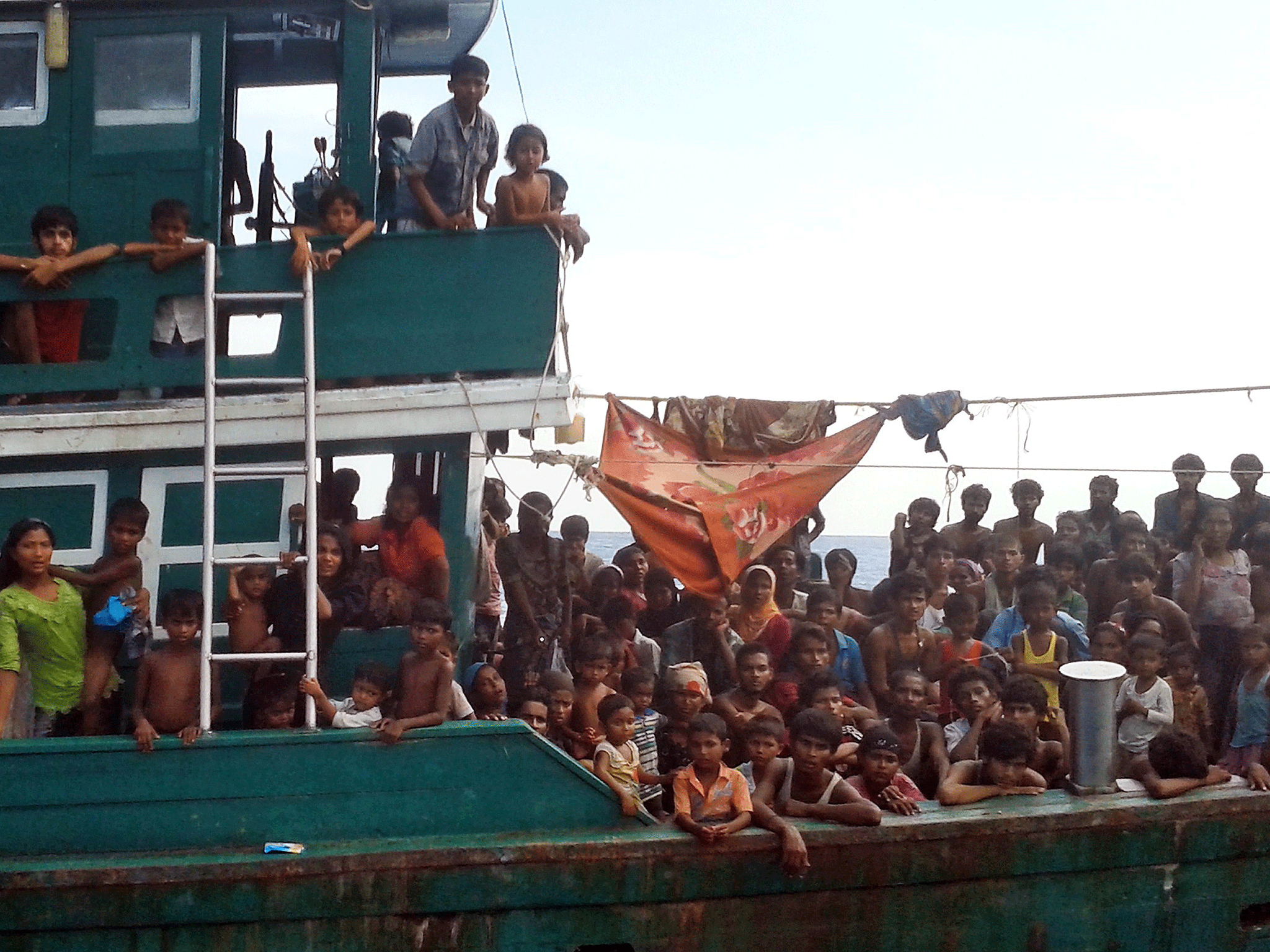 Rohingya migrants are pictured on a boat off the southern Thai island of Koh Lipe