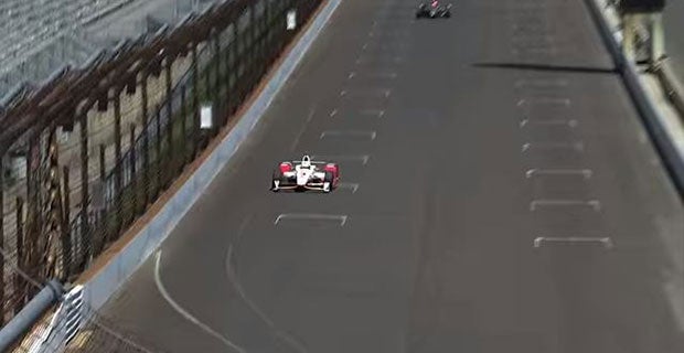 Castroneves approaches the first turn of the Super Speedway