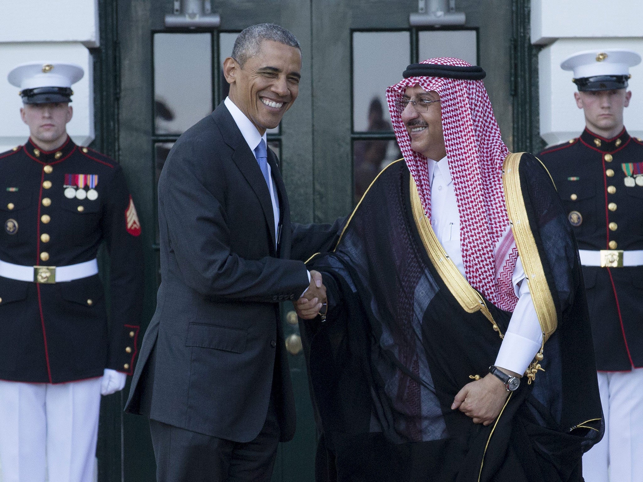 Barack Obama welcomes the Saudi Crown Prince Mohammed bin Nayef at the South Portico of the White House in Washington DC