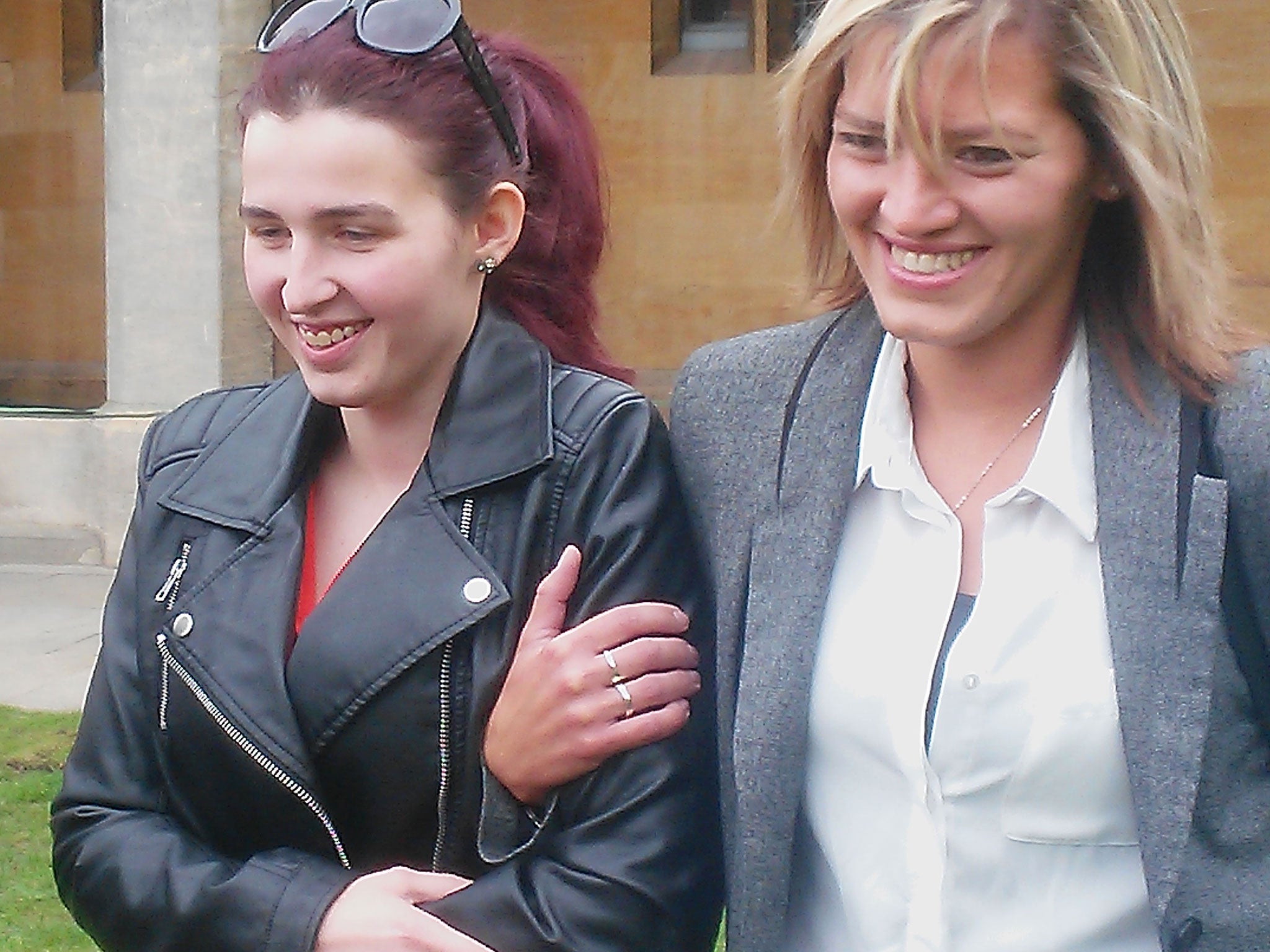 Milly Caller, left, with her other sister Emma outside Lincoln Crown Court after she was found not guilty of encouraging or assisting the suicide of Emma Crossman