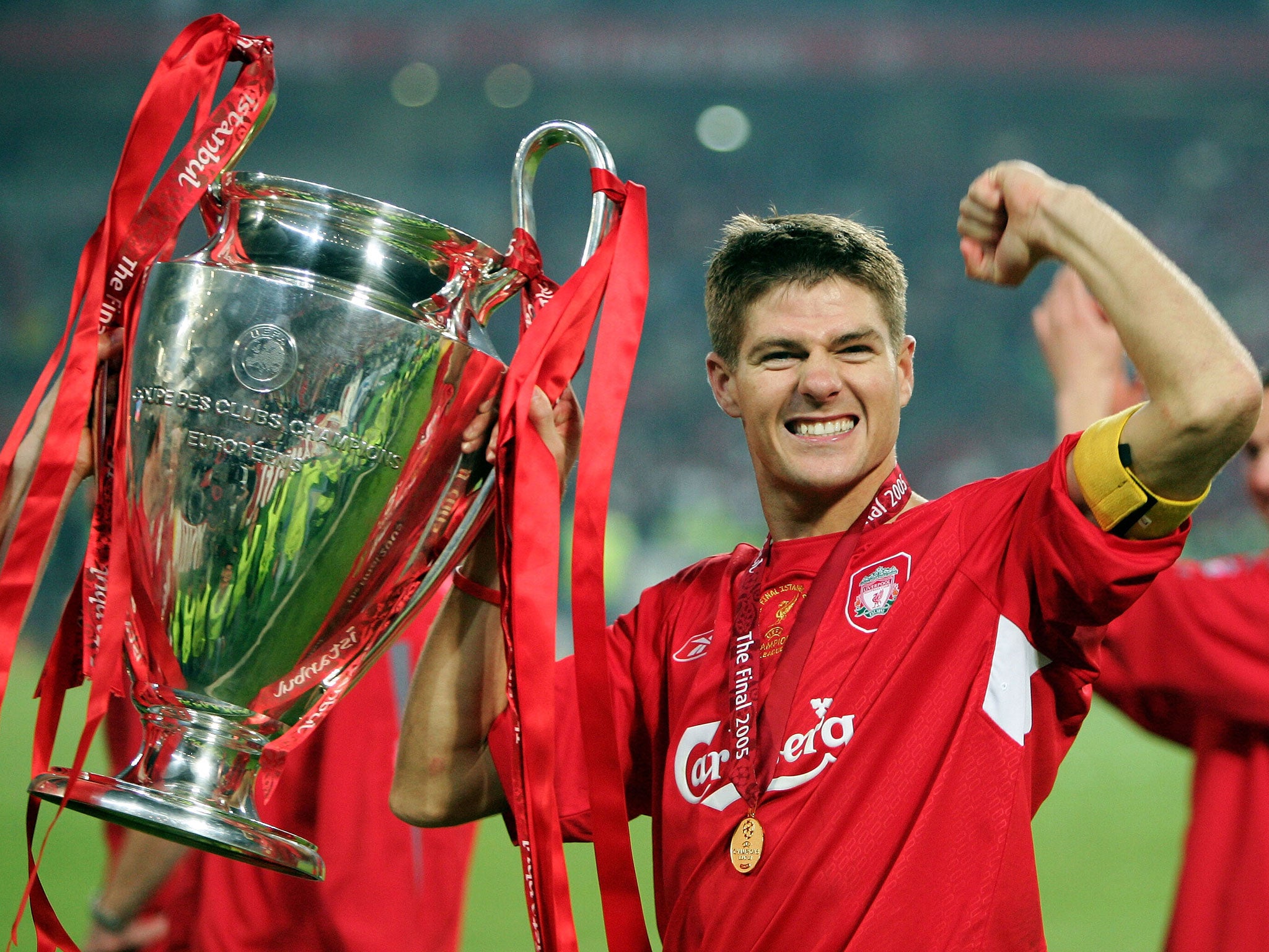 Liverpool captain Steven Gerrard lifts the European Cup after Liverpool won the European Champions League final between Liverpool and AC Milan on May 25, 2005