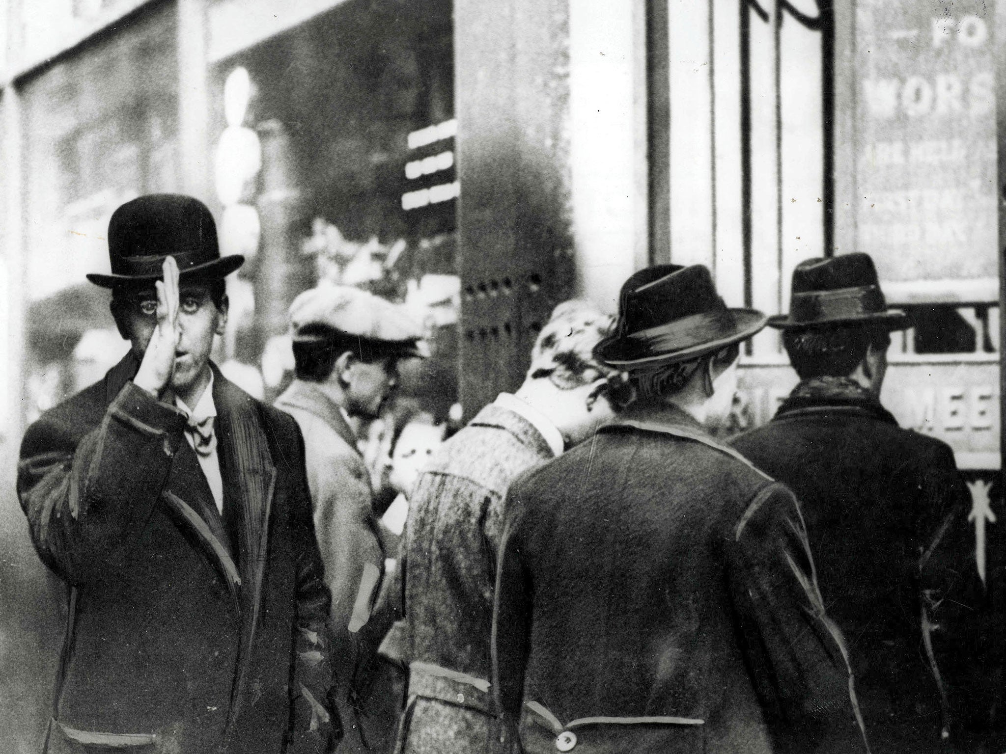 This young man made his feelings clear before entering a meeting of the No-Conscription Fellowship in April 1916