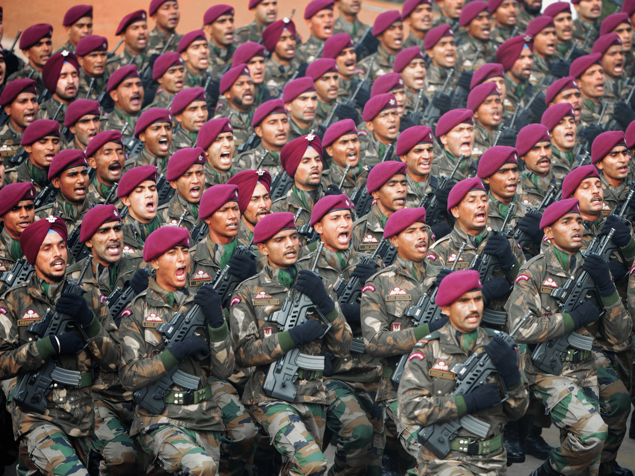 A parachute regiment of the Indian Army marches in formation during the Republic Day parade in New Delhi on January 26, 2014.